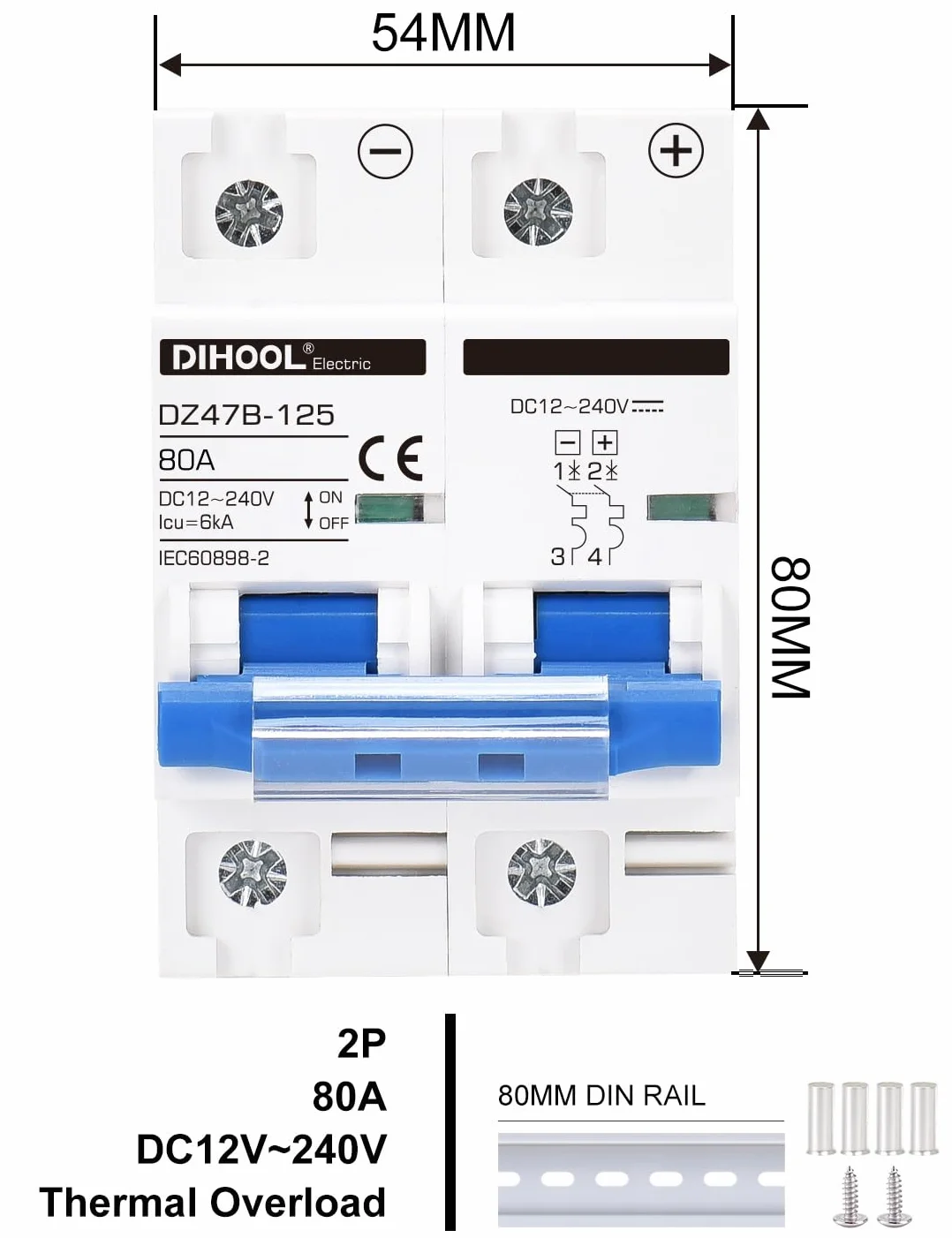 Disyuntor DC dz47 2P 80Amp 12V 24V 36V 48V DC MCB protección contra cortocircuitos aislador de interruptor de desconexión para panel solar batería UPS inversor fotovoltaico sistema fotovoltaico