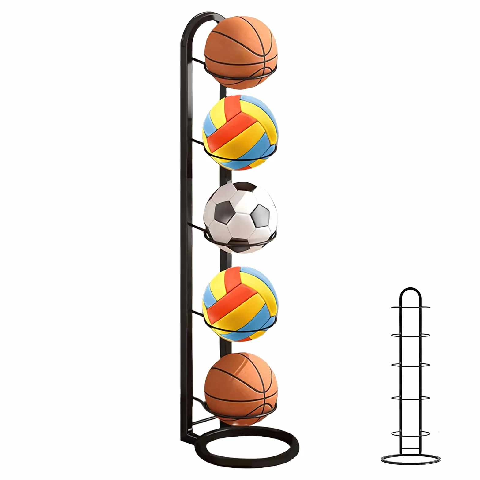 Estantería de almacenamiento de baloncesto de 5 niveles, estante de bolas de pie, soporte para pelotas, estante vertical para pelotas, soporte extraíble de pie, soporte de garaje para equipos