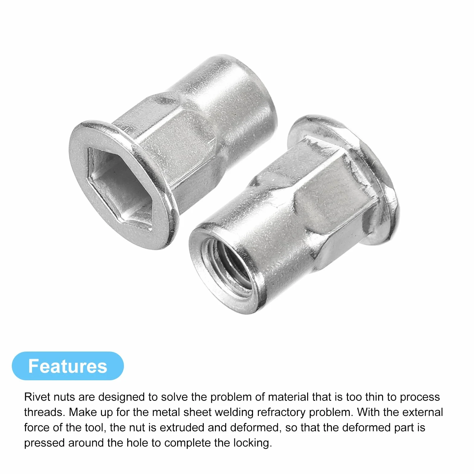 sourcing map M6 Medio Hexagonal Cuerpo Remache Tuercas, 60 Uds 304 Acero Inoxidable Plano Cabeza Roscada Insertar Tuercas