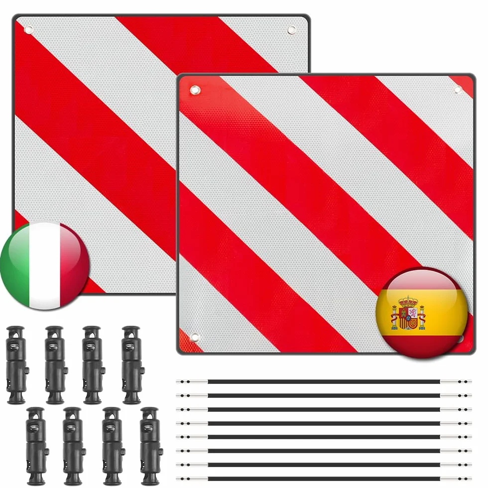 2 in1 Señal de Advertencia Italia y España, 50 x 50 cm Señal Reflectante de Advertencia Rojo y Blanco para Autocaravana, Caravana, Portabicicletas, Portabicicletas