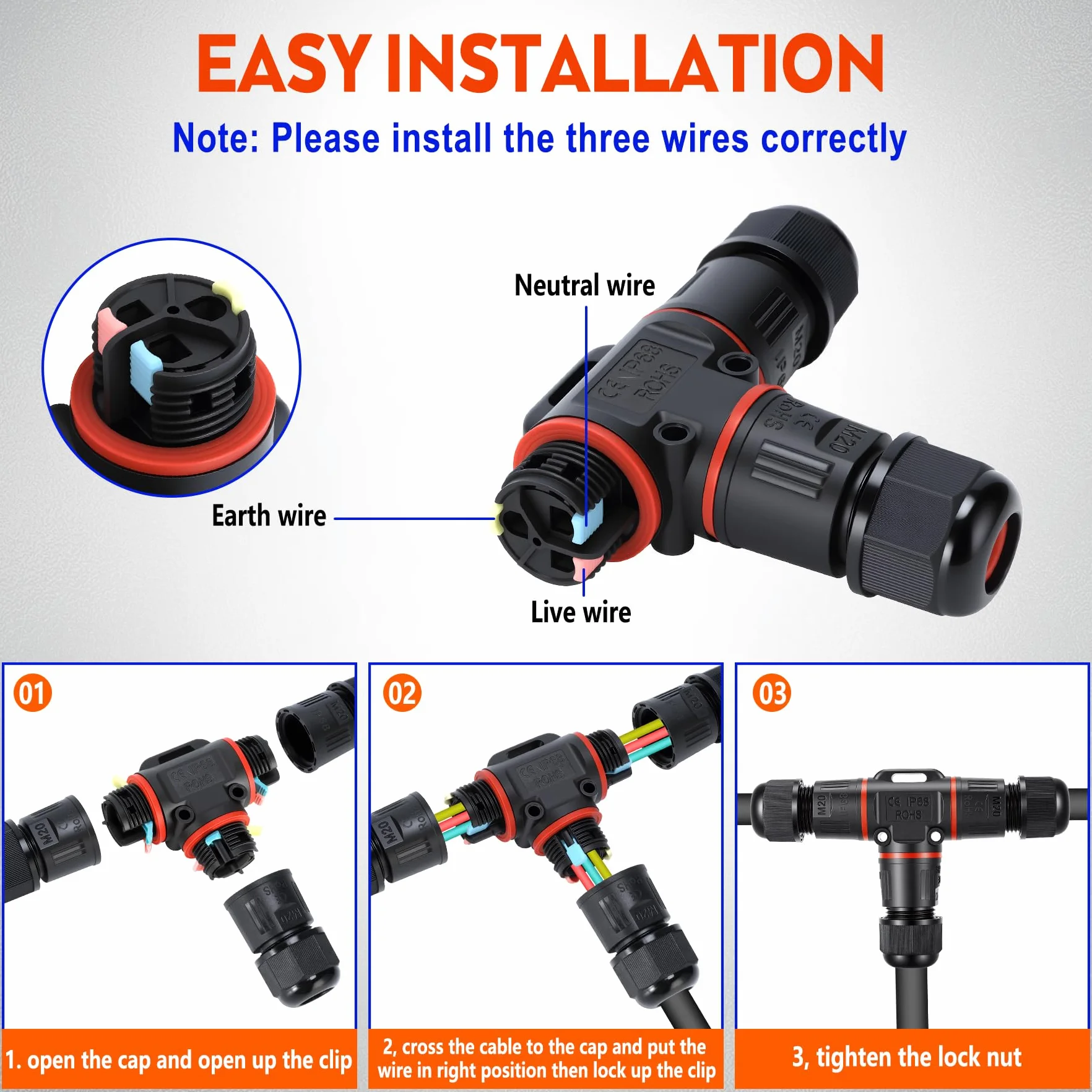 6 Piezas Conectores de Cable IP68 Impermeables, para Diámetro de Cable Ø3-12 mm, 3 Pines Empalmes Cables Electricos, Conexión rápida