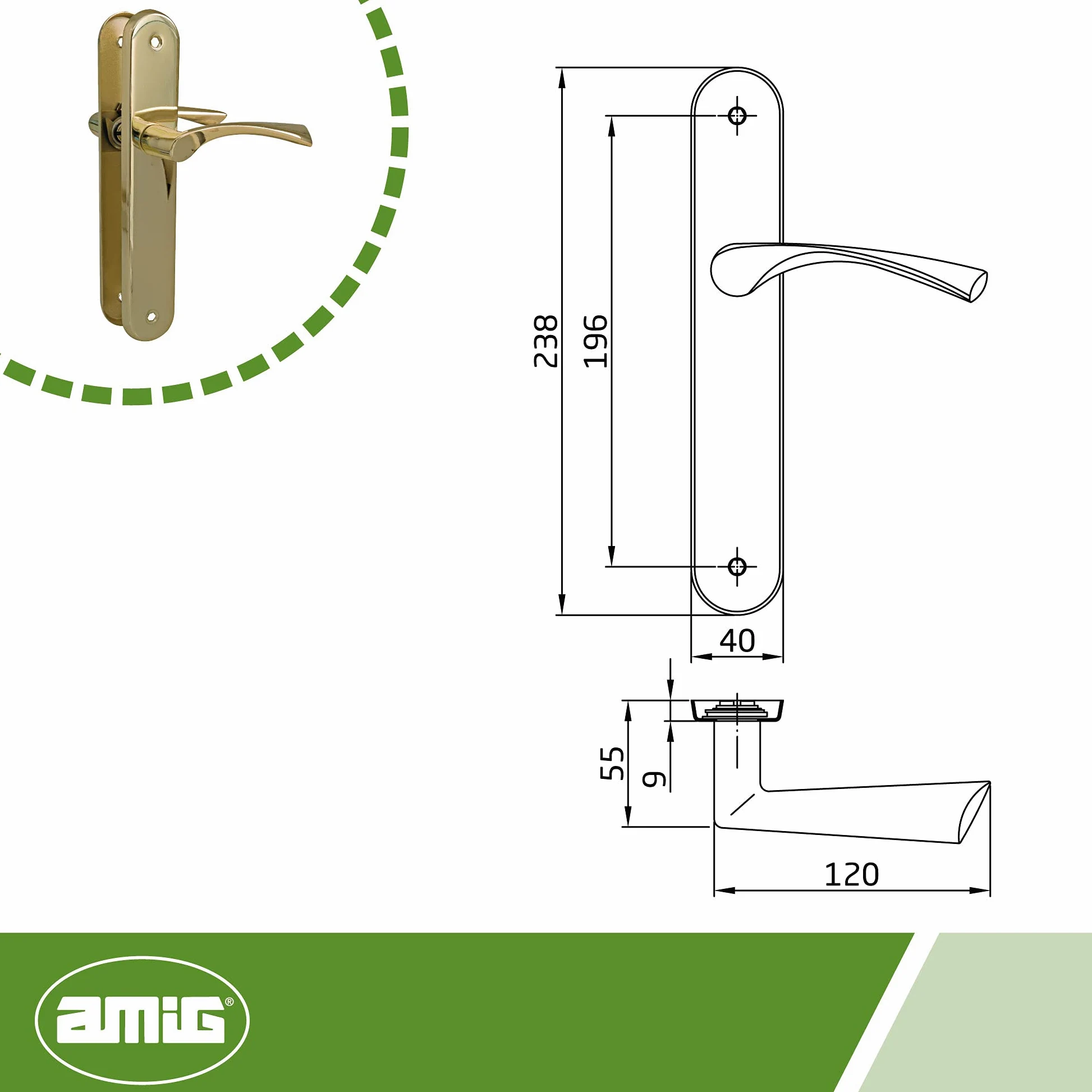 Amig - Juego de 2 Manillas de Placa Ovalada de Acero y Tirador de Zamak con Acabado Latonado Barnizado para Puertas de Paso de Interior - 237 x 40 mm · Manivela 120 mm - Incluye Tornillos