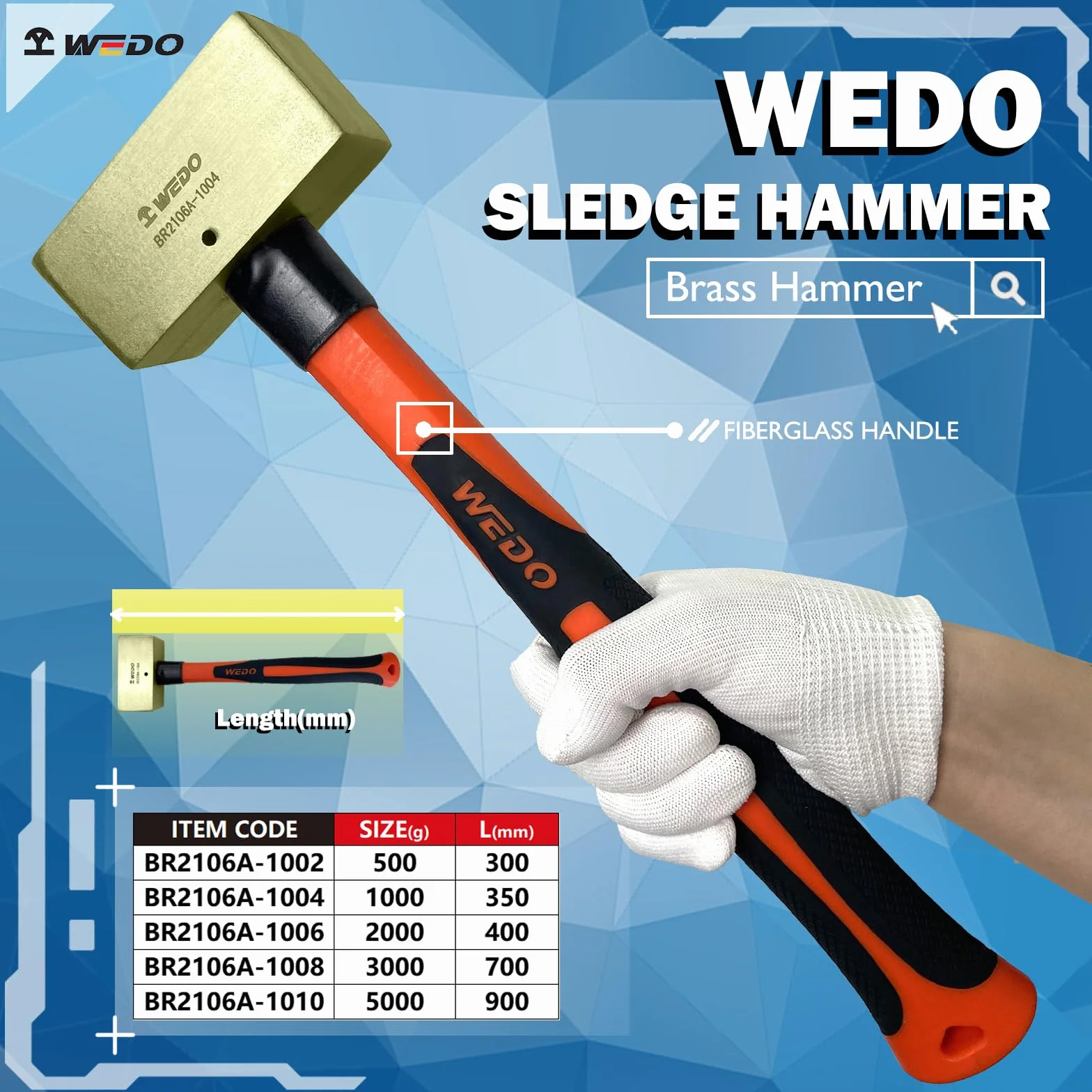 WEDO Martillo de Doble Cara de Latón con Mango de Fibra Vidrio,500 libras,300 mm,12 pulgadas