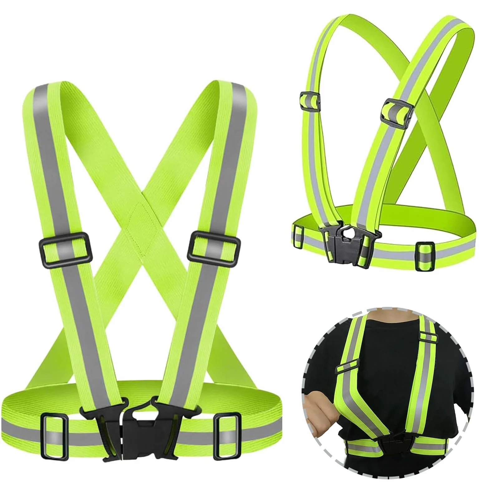 Nutabevr 2 Piezas Verde Fluorescente Chaleco Reflectante, Alta Visibilidad Tirantes Reflectantes de Seguridad Elástica Ajustable, Accesorios de Seguridad, para Correr,Senderismo,Ciclismo