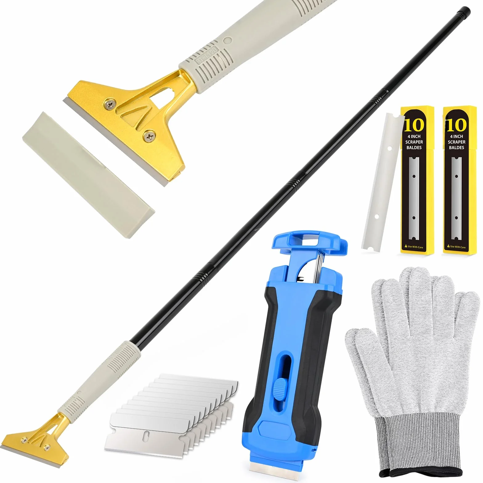 EHDIS Rasqueta Suelo Kit - Rascador con asa Larga(15inch-58inch), Rasqueta vitrocerámica, Guantes, Rasquetas para Ventana de Vidrio, Cocina, Estufa en El Hogar, Limpieza de Paredes
