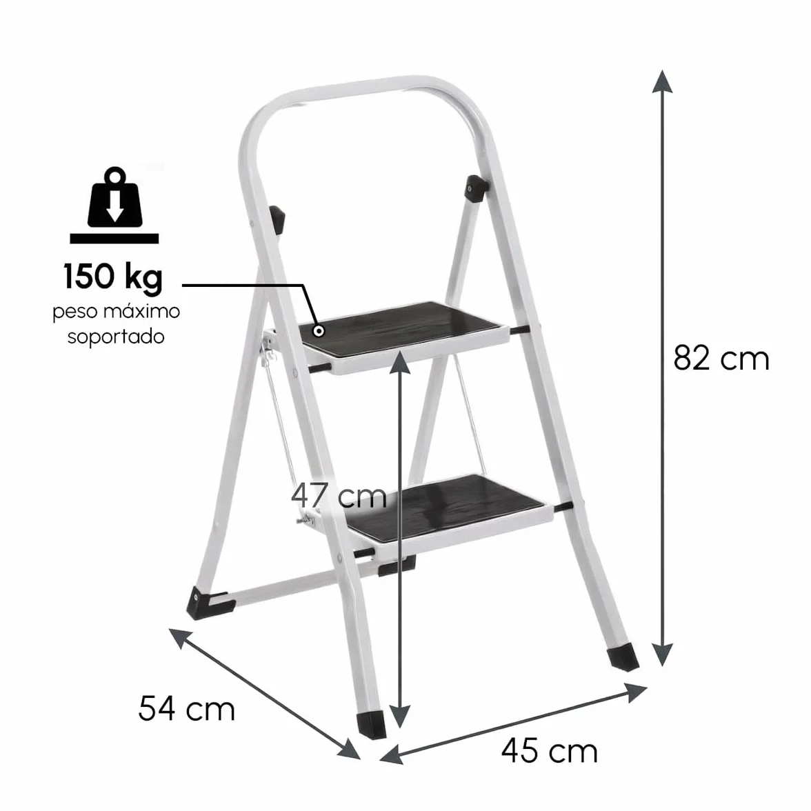 LOLAhome - Escalera Plegable de 2 peldaños Antideslizantes en Acero Blanco de 82 cm. Diseño Seguro y Ligero con asa, soporta 150 kg. Alcanza altillos o cuelga Cortinas fácilmente.