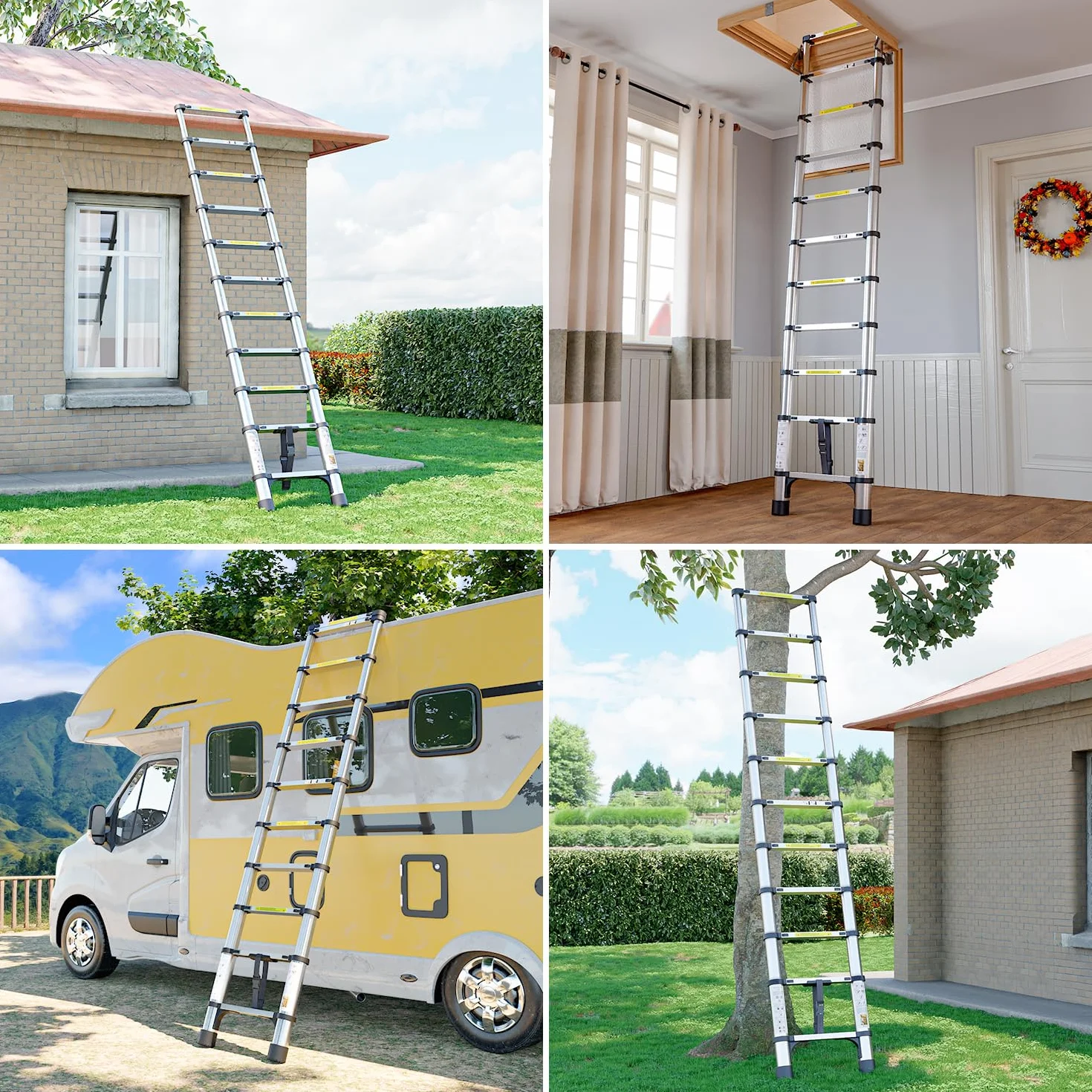 Escalera telescópica de Acero Inoxidable, 3,8m Escalera Extensible Portátil con Patas Antideslizantes, Ideal para áticos, techos, autocaravanas, decoración y Mantenimiento