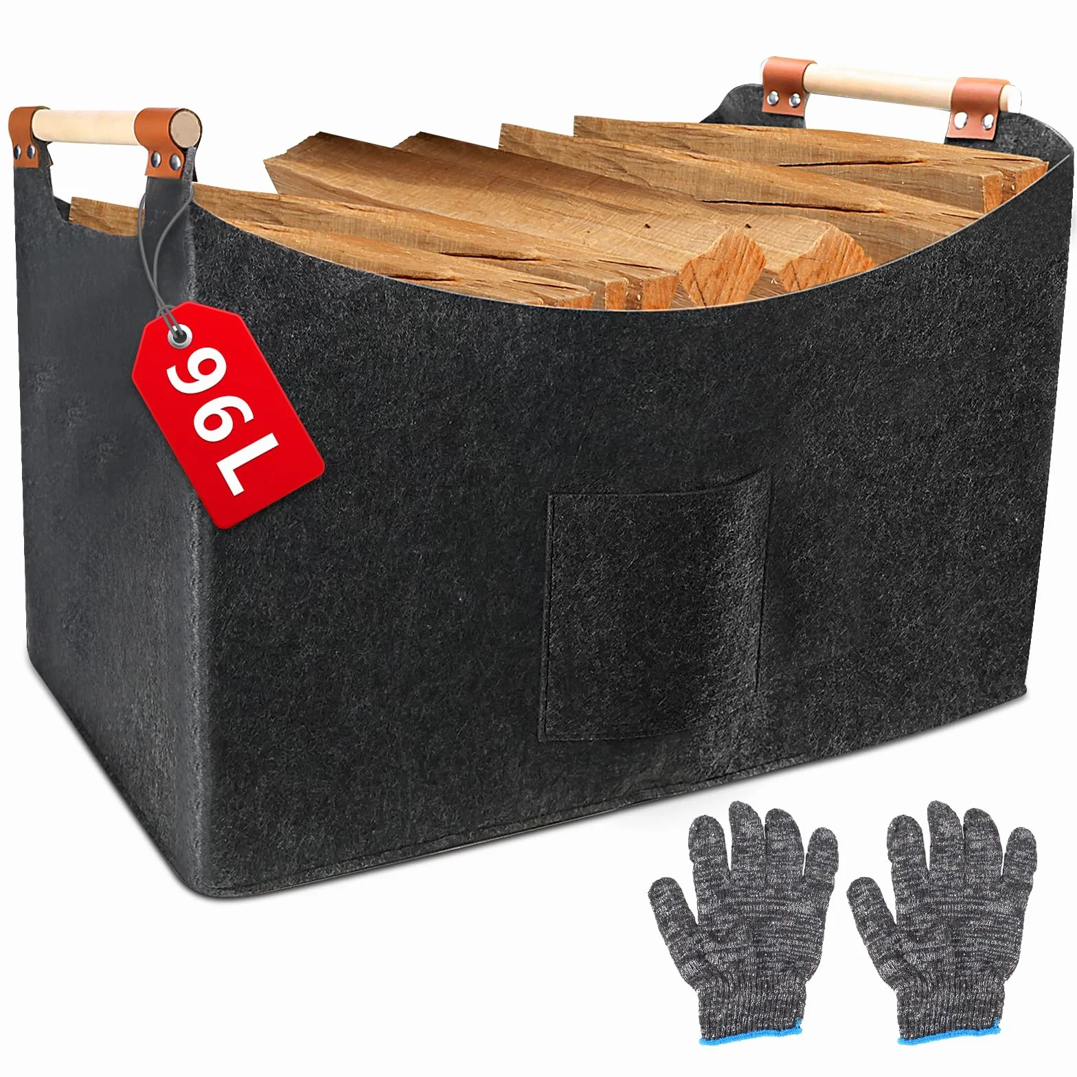 Cesta de madera de fieltro XXL (96 L, 60 x 40 x 40 cm), para leña grande, fieltro extragrueso, cesta plegable, con mango de madera y guantes