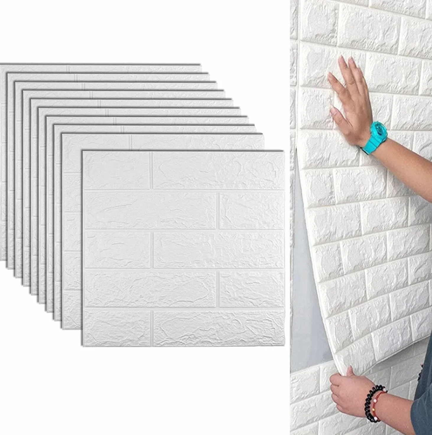 Papel Pintado 3D Ladrillo,10 Piezas PE de Espuma 3D Wallpaper, Autoadhesivo Grueso Impermeable DIY Pegatina de Pared Espuma 3D,para Salón Dormitorio Fondo de Pared Decoración Arte (35*38.5cm,Blanco)