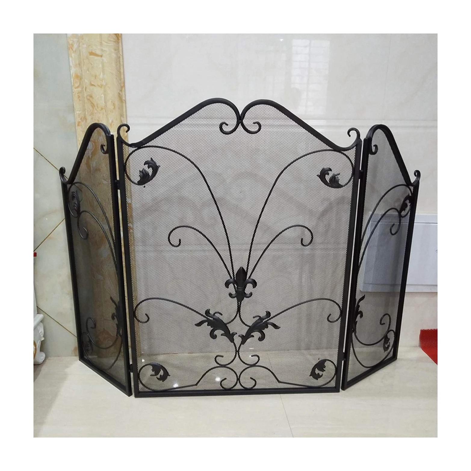 Salvachispas Chimenea 3 Panel de Hierro Forjado Chimenea de Hojas de Pantalla de Hierro Forjado decoración de Hierro Chimenea Pantalla de chispas for Chimenea Accesorios (Color : Noir)
