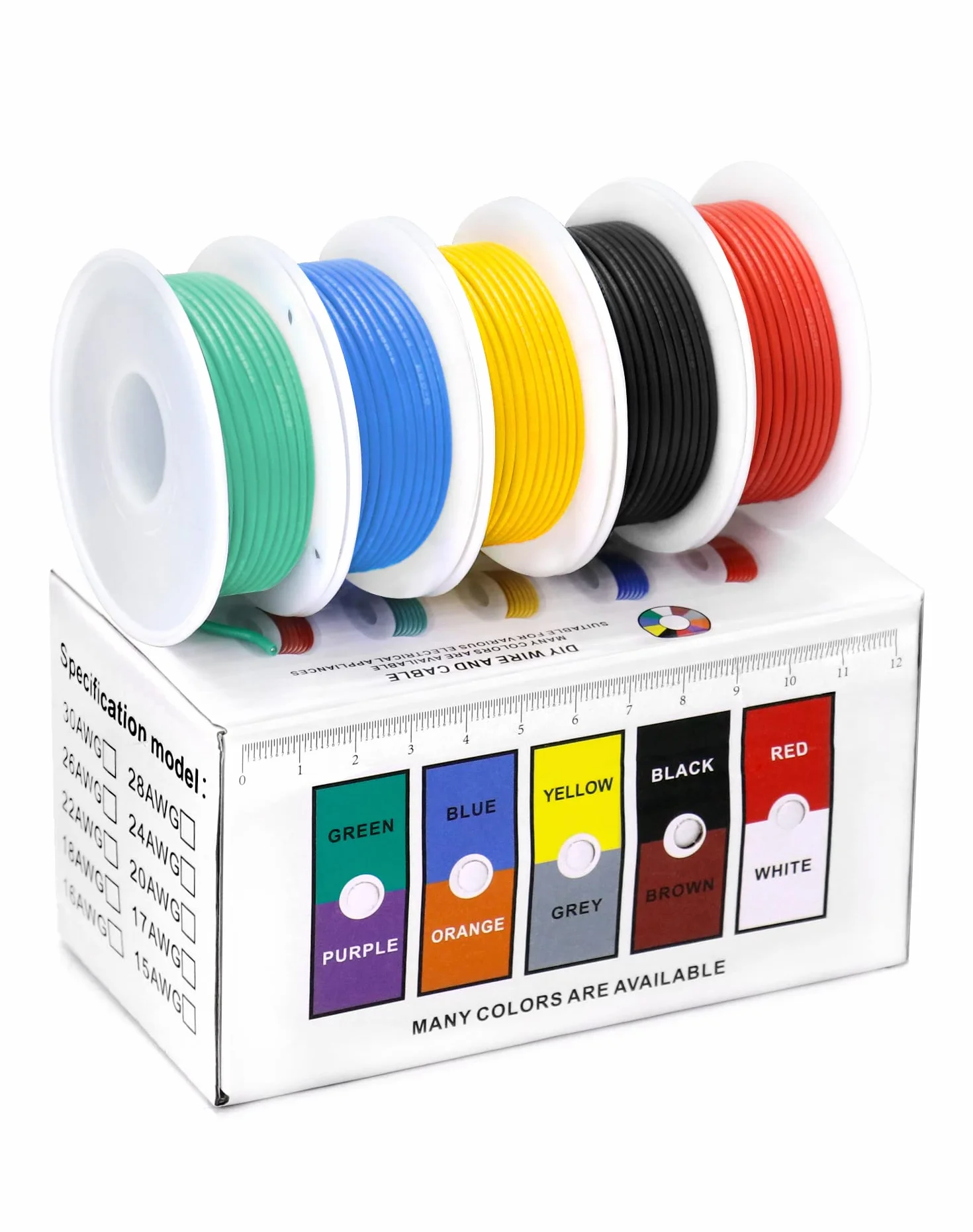 QWORK® Juego de Cable Eléctrico Flexible - 22 AWG 0.32mm² 5 Colores (10 Metros Cada Uno) - Cable de Cobre Estañado con Aislamiento de Silicona