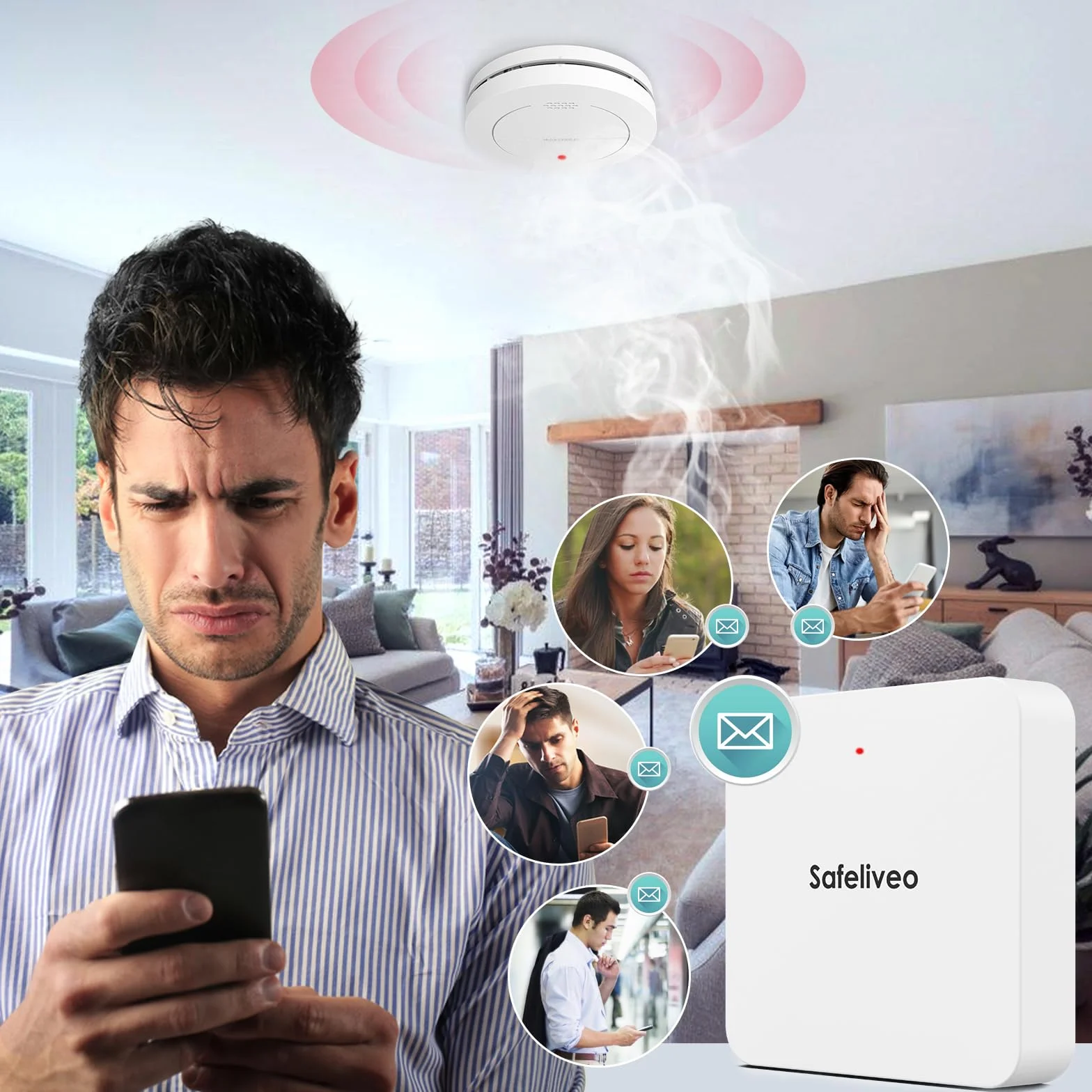 Safeliveo Detector de Humo WiFi interconectado con batería de 10 años, Juego de 5, Certificado TUV Rheinland
