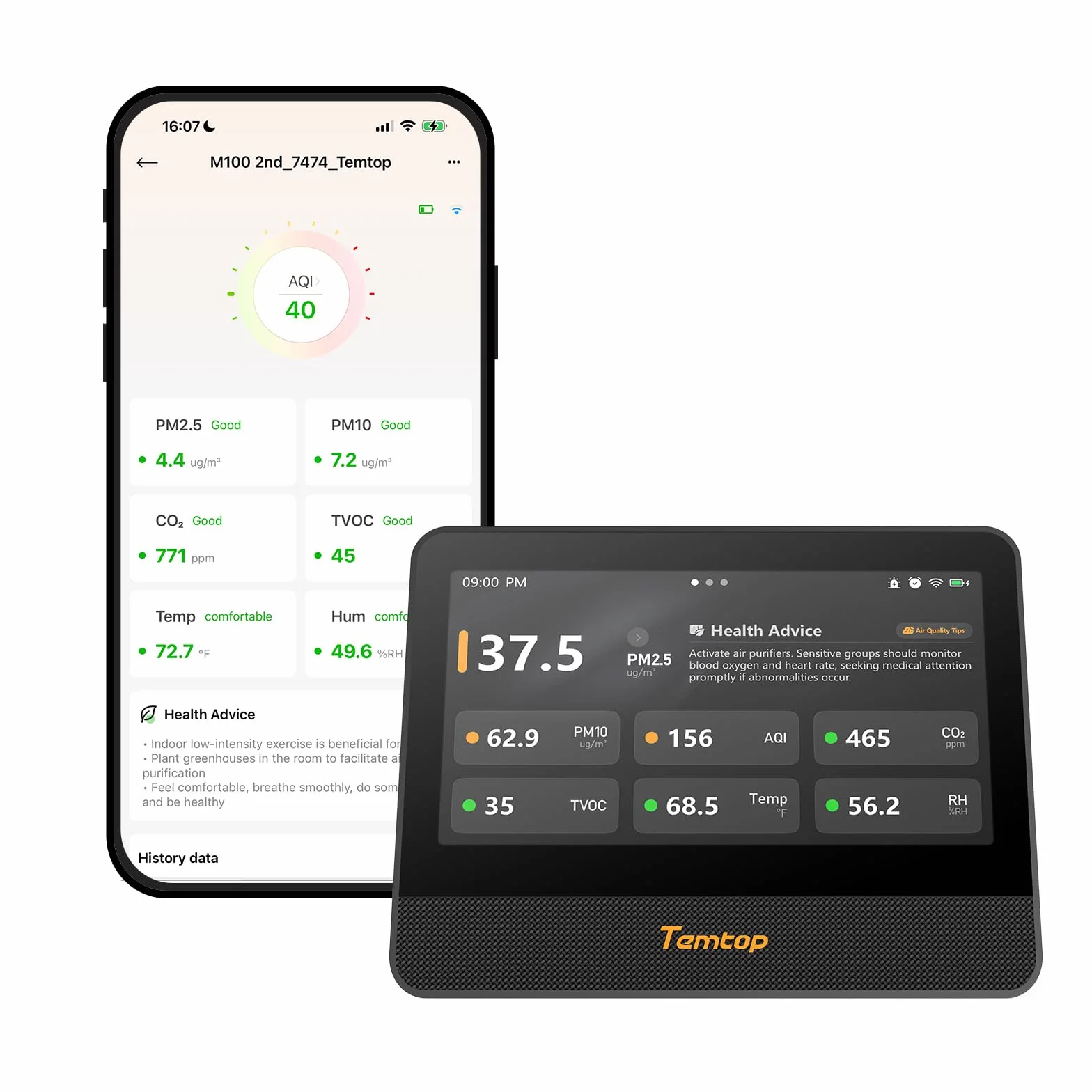 Temtop Monitor de Calidad del Aire WiFi, Pantalla Táctil de 7 Pulgadas, Detector de CO₂ y Probador de PM2.5/PM10/TVOC/Temperatura/Humedad para Interiores M100 2nd
