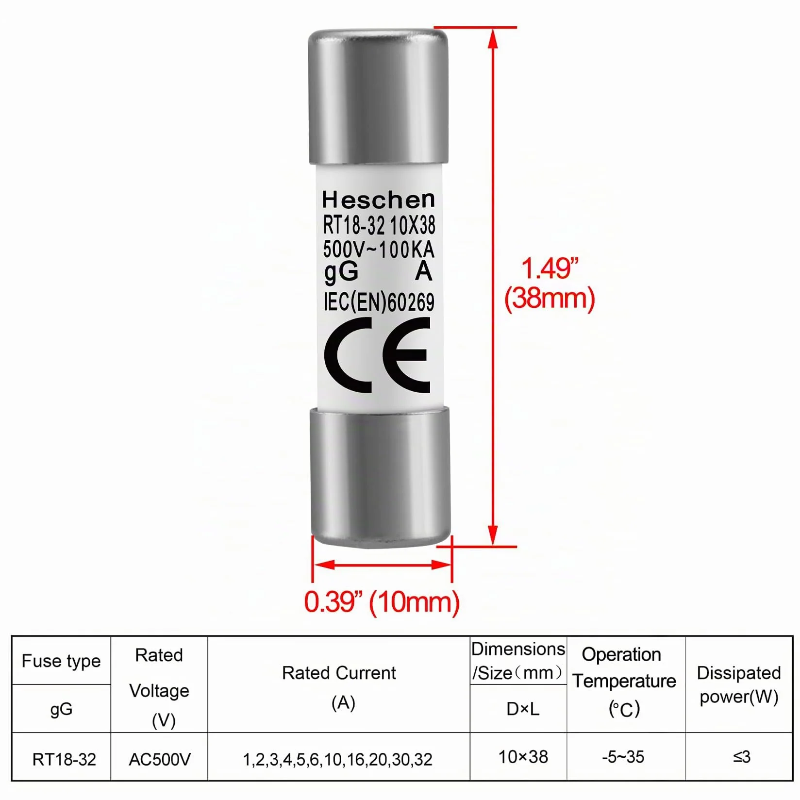 Heschen Tubo cilíndrico de cerámica de enlace de fusible RT18-32 RO15 10x38mm 2A 500V CE Pack de 10