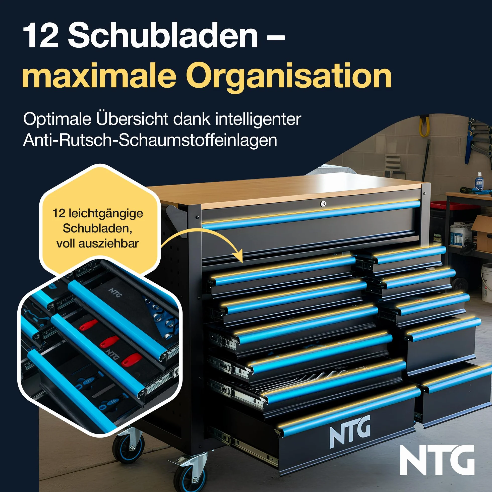 NTG Carro de herramientas XXL 471 piezas 12 cajones con tablero de trabajo de madera con llave móvil sobre ruedas Gabinete profesional de metal para garaje y taller