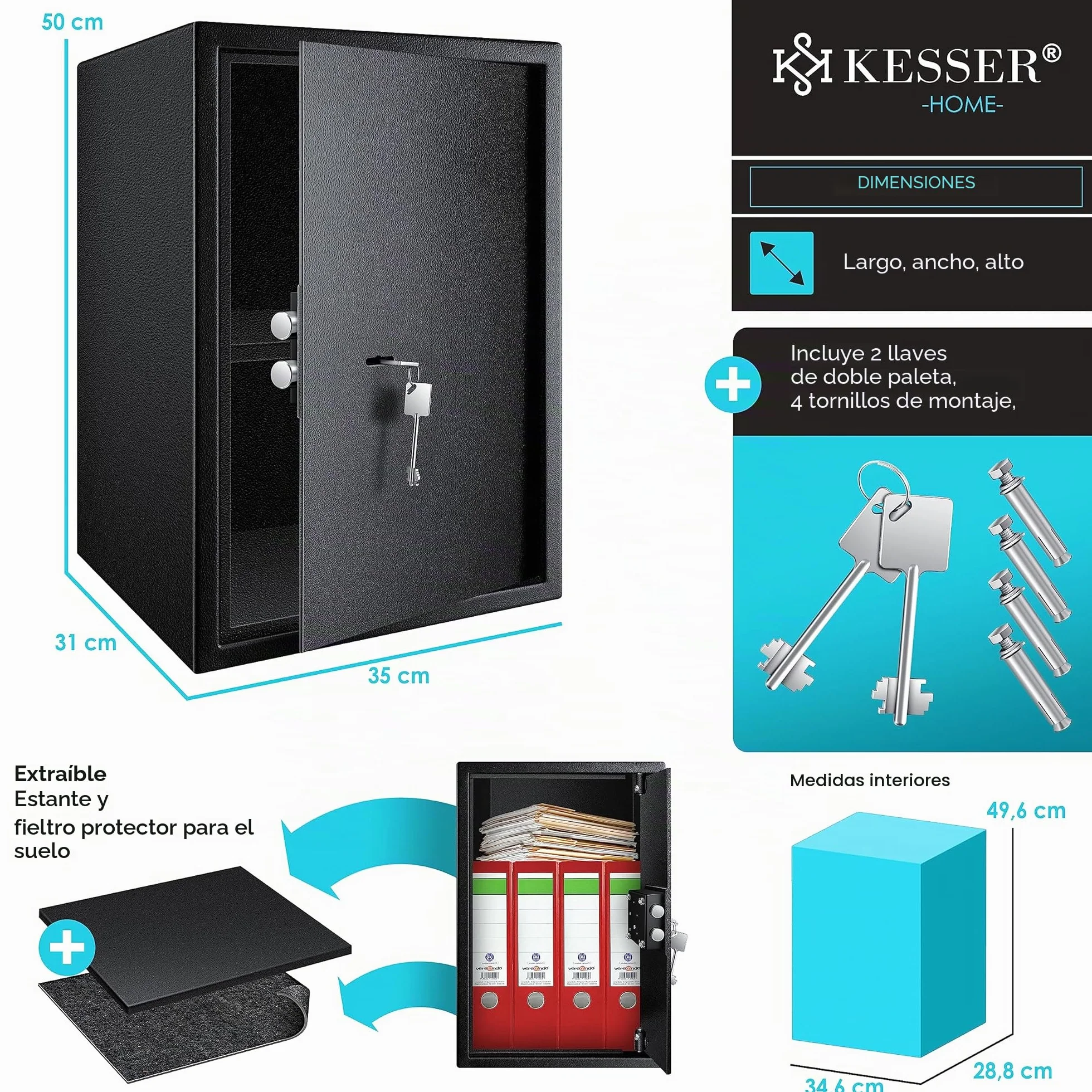 KESSER Caja fuerte de suelo-pared 50x35x31 cm con cerradura de doble paletón incluye 2 llaves