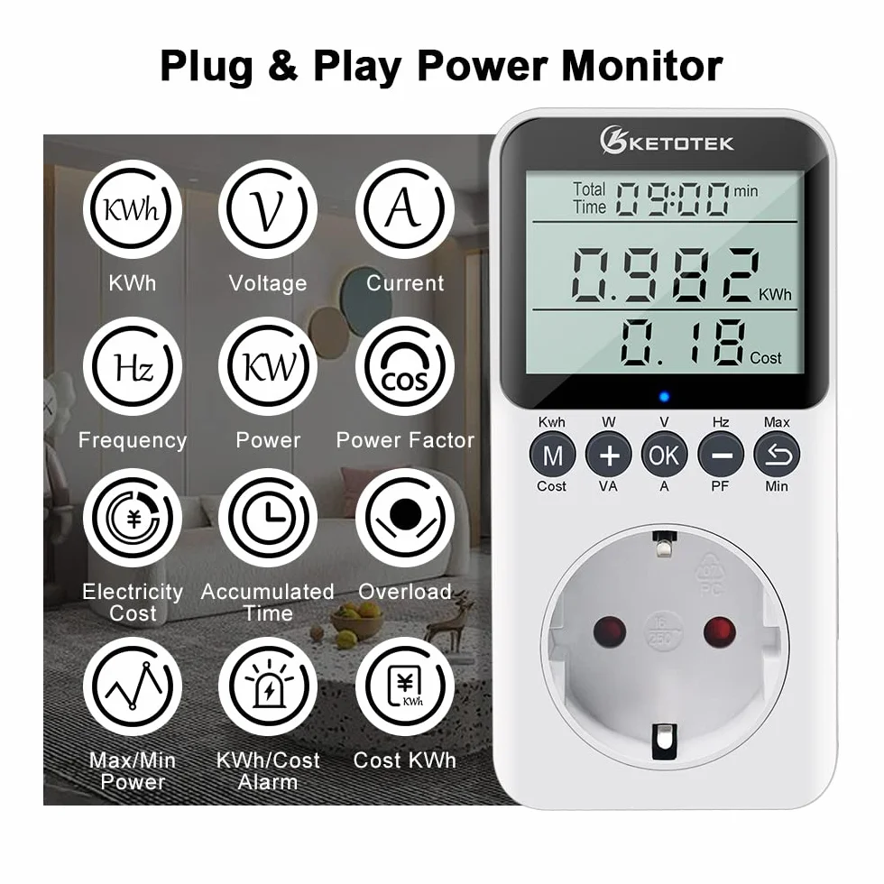 KETOTEK Medidor de Consumo Electrico, Enchufe Medidor de Energía con Pantalla LCD, Reteción de Datos Medidor de Costo de Electricidad 3680W Protección contra Sobrecarga