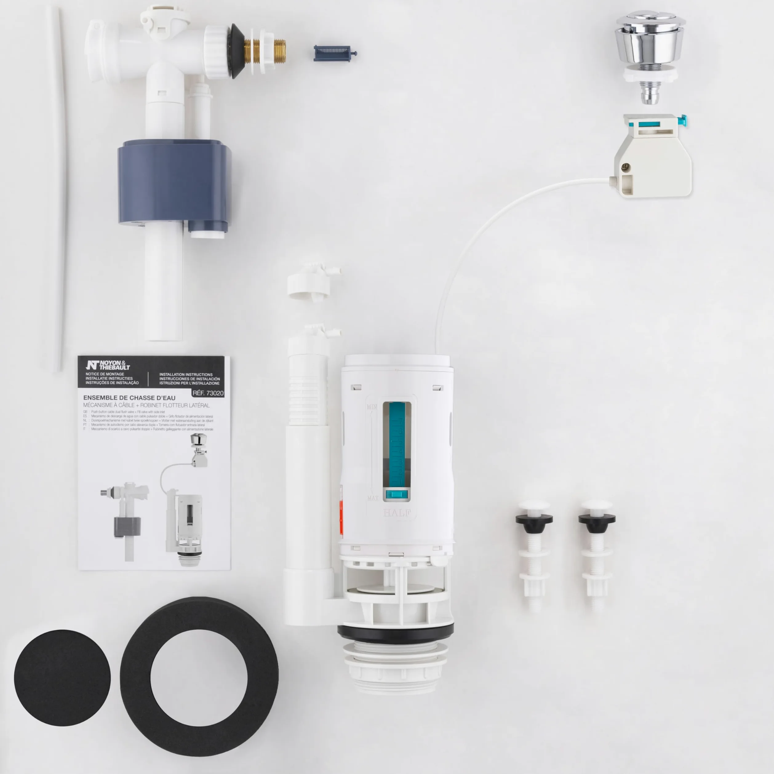 Conjunto de Descarga con Válvula Flotadora + Mecanismo de Inodoro con Cable y Botón Pulsador 3/6 L | Ahorro de Agua | Compatible con Cisternas | NOYON & THIEBAULT