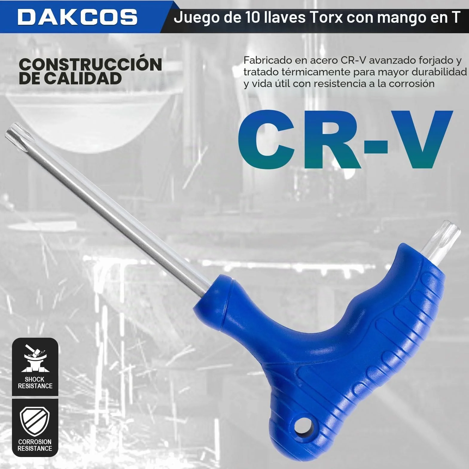 DAKCOS Juego de 10 llaves Torx con mango en T, llave de estrella T9-T50 con estante de almacenamiento, Cr-V
