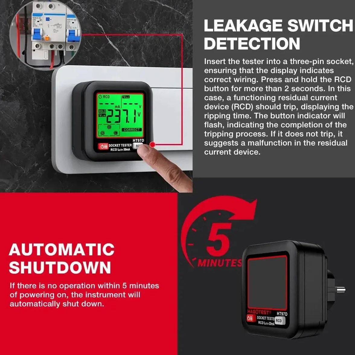 DollaTek D9B Profesional Tester de Enchufe Detección RCD/GFCI Display LCD Voltaje/Frecuencia 90-250V Analizador EU