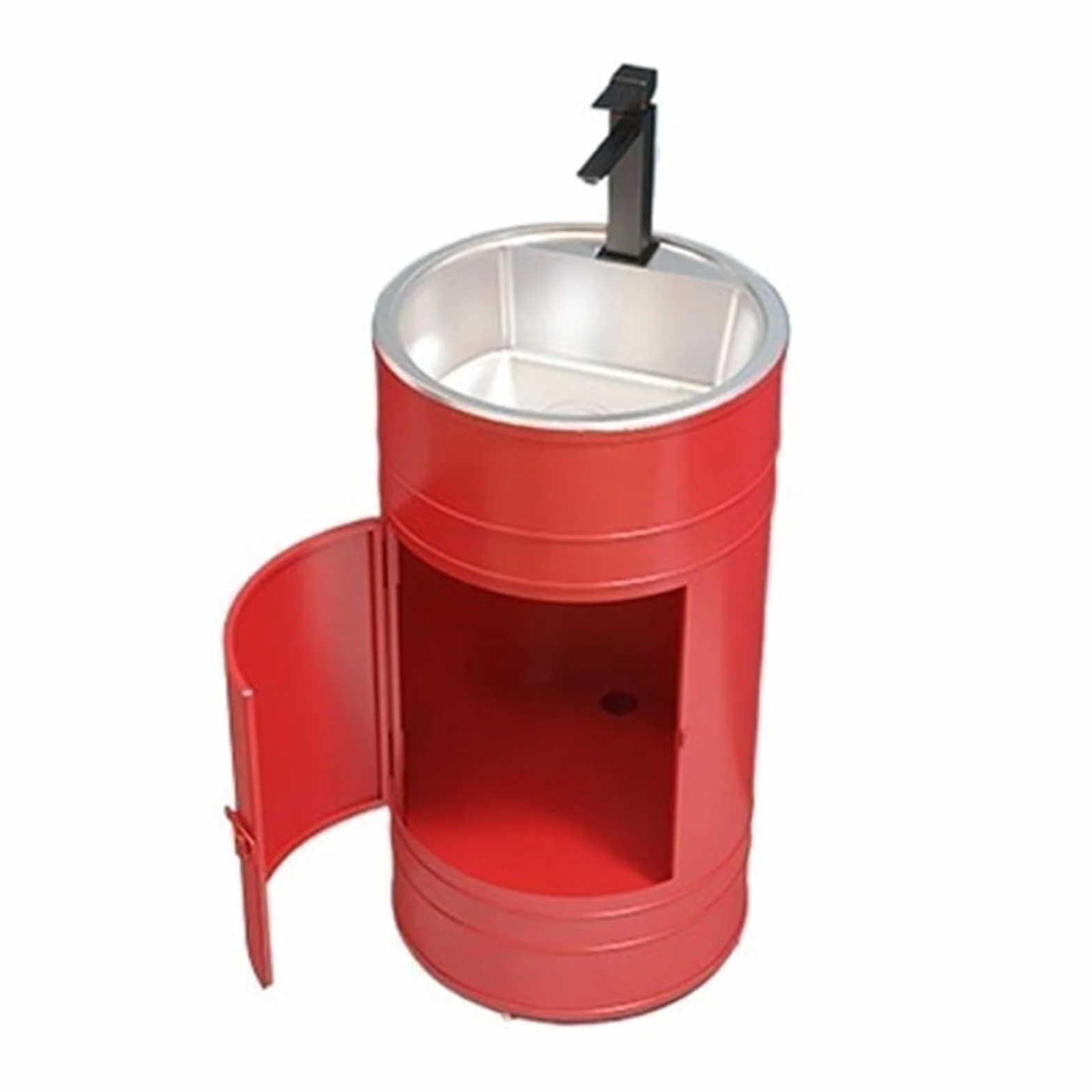 Fregadero de baño de columna redonda con fregadero de acero inoxidable, fregadero de baño independiente, fregadero de baño creativo de metal con grifo, kit de drenaje independiente (rojo, C)