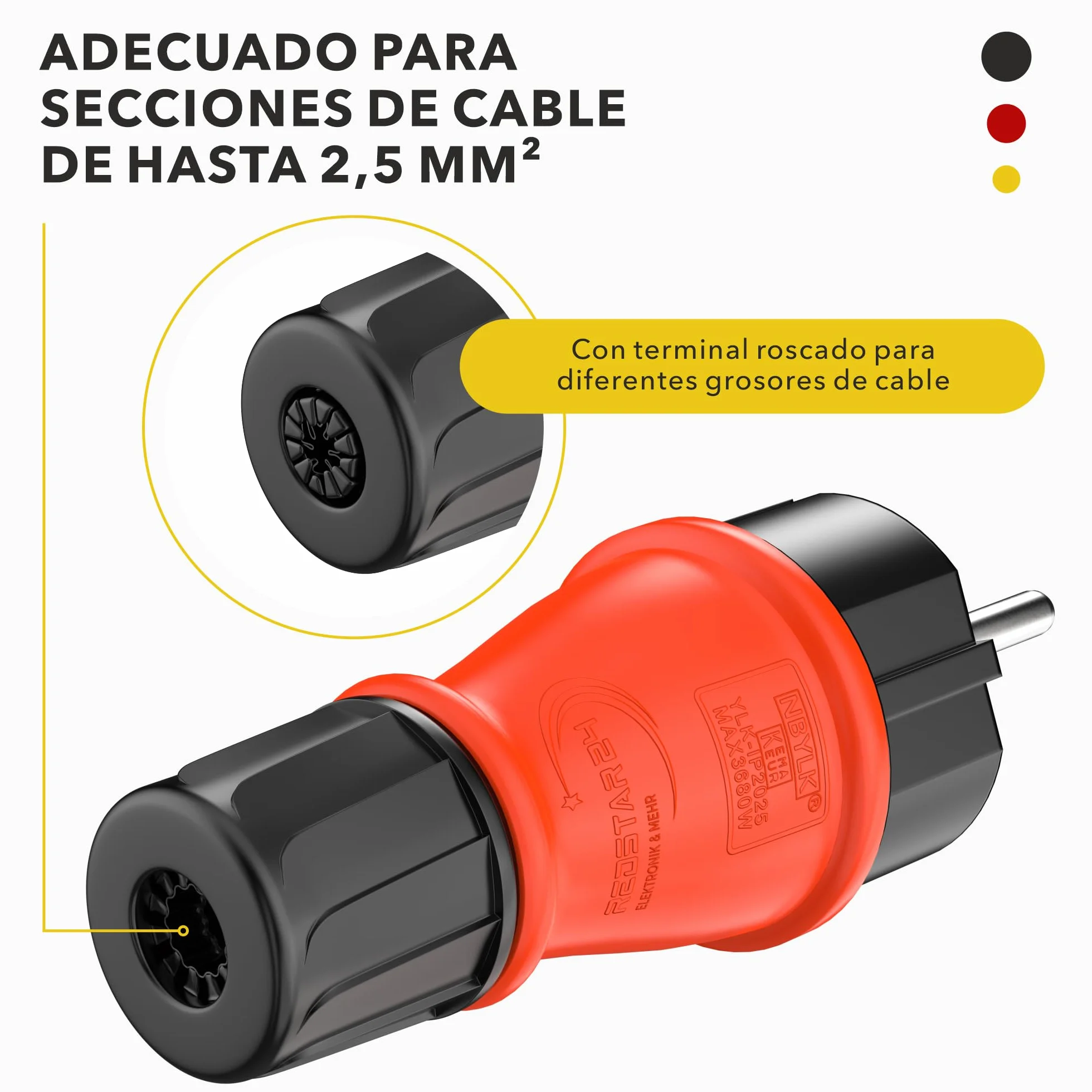 RedStar24 Enchufe Schuko 230V IP54 Set de 4 Conectores de protección robustos de goma y plástico, negro rojo