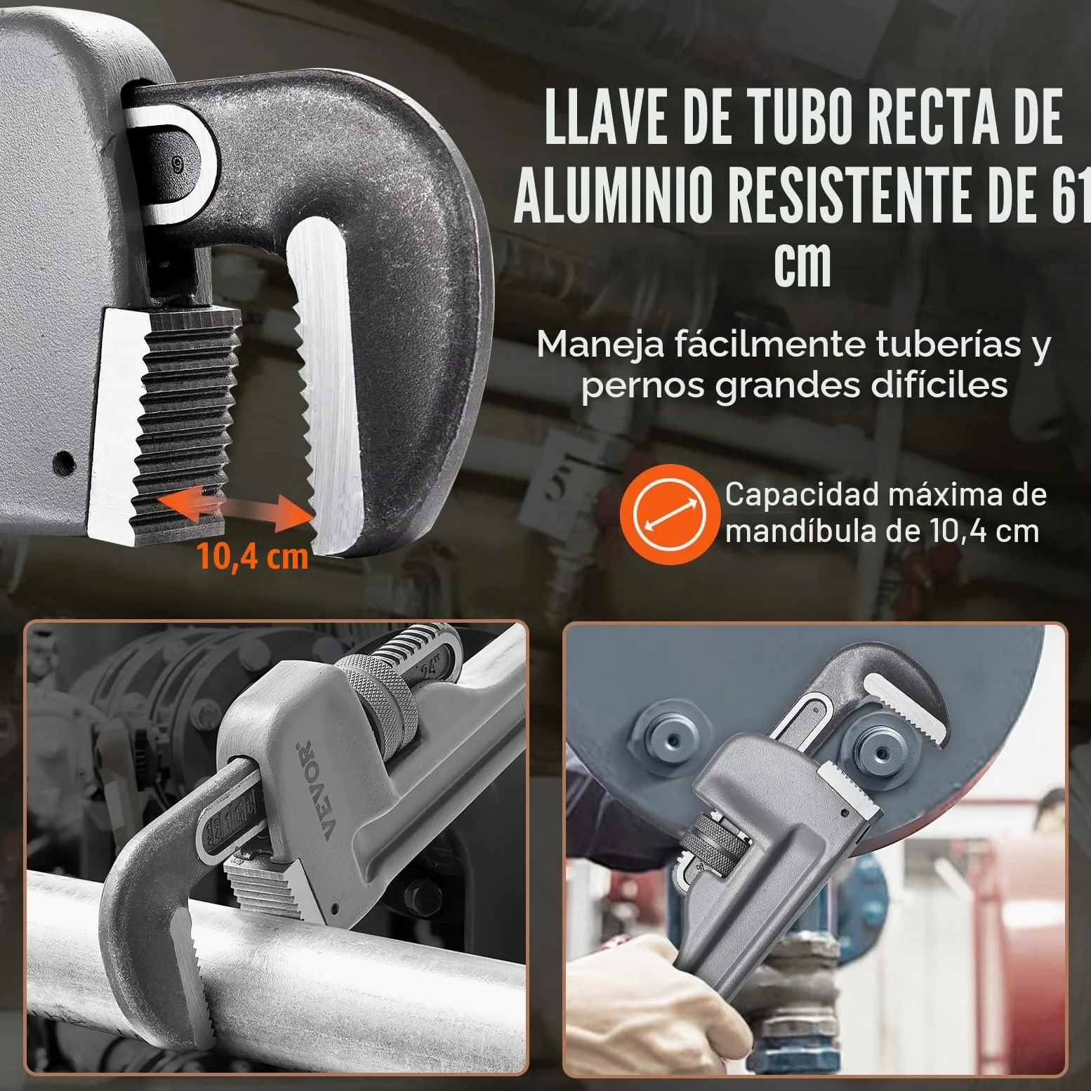 VEVOR Llave para Tubo Recto de Aluminio 61 cm Llave para Plomería Ajustable Mandíbula de Alta Resistencia Mango Ergonómico Fácil de Transportar para Tuberías de Agua Reparaciones de Automóviles