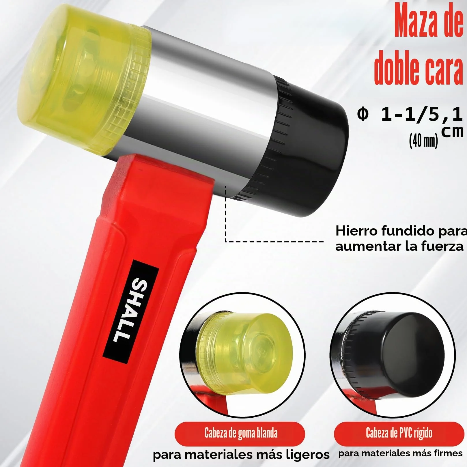 SHALL Juego de martillos de goma de 2 piezas, mazo de goma de 16 oz y mazo suave de doble cara de 40 mm, mango de fibra de vidrio a prueba de golpes con agarre acolchado