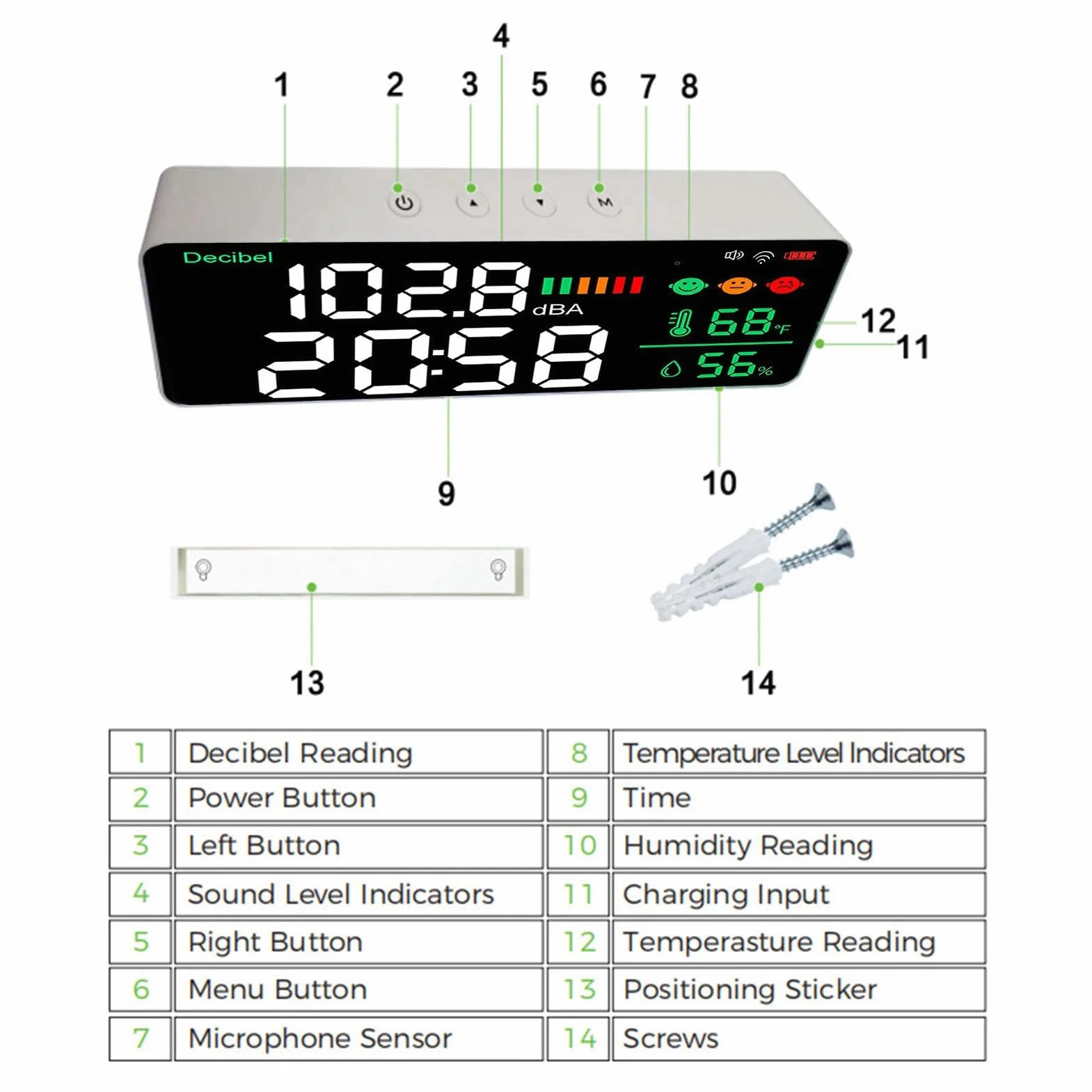 Lazmin112 Medidor de Decibelios lideró de 11 Pulgadas Con Wifi, Medidor de Ruido, Termómetro, Reloj Higrómetro para la Aplicación