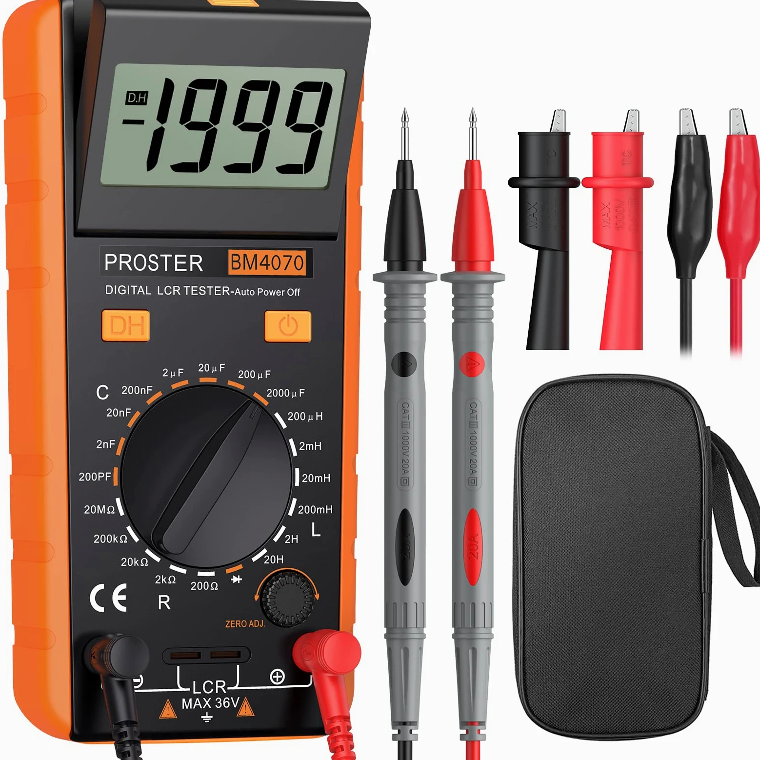 Proster LCR Medidor De Capacitancia Inductancia Resistencia Continuidad Diodos Tester Digital Multimetro Autodescarga con Gran Pantalla LCD Giratorio Cables Prueba Pinzas Cocodrillo y Destornillador