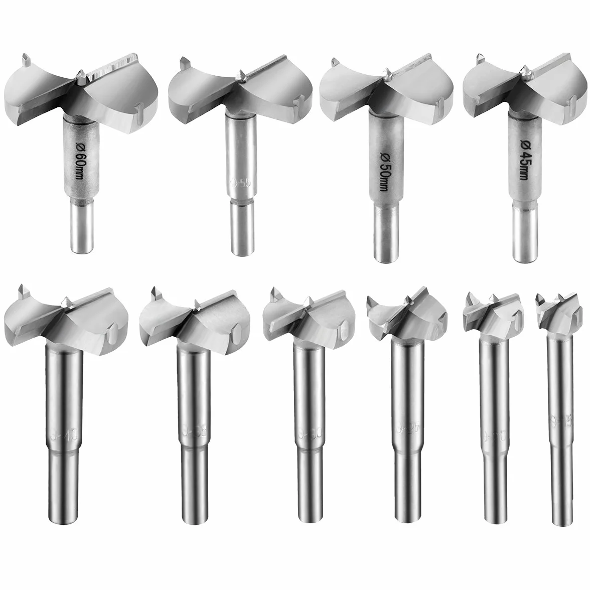 LAOYE 10 Piezas Brocas Forstner en Aleación para Madera, Broca Fresadora Diámetros 15/20/ 25/30/ 35/40/ 45/50/ 55/60 mm para Taladro de Madera Acero al Tungsteno hole Saw Cortador Herramientas