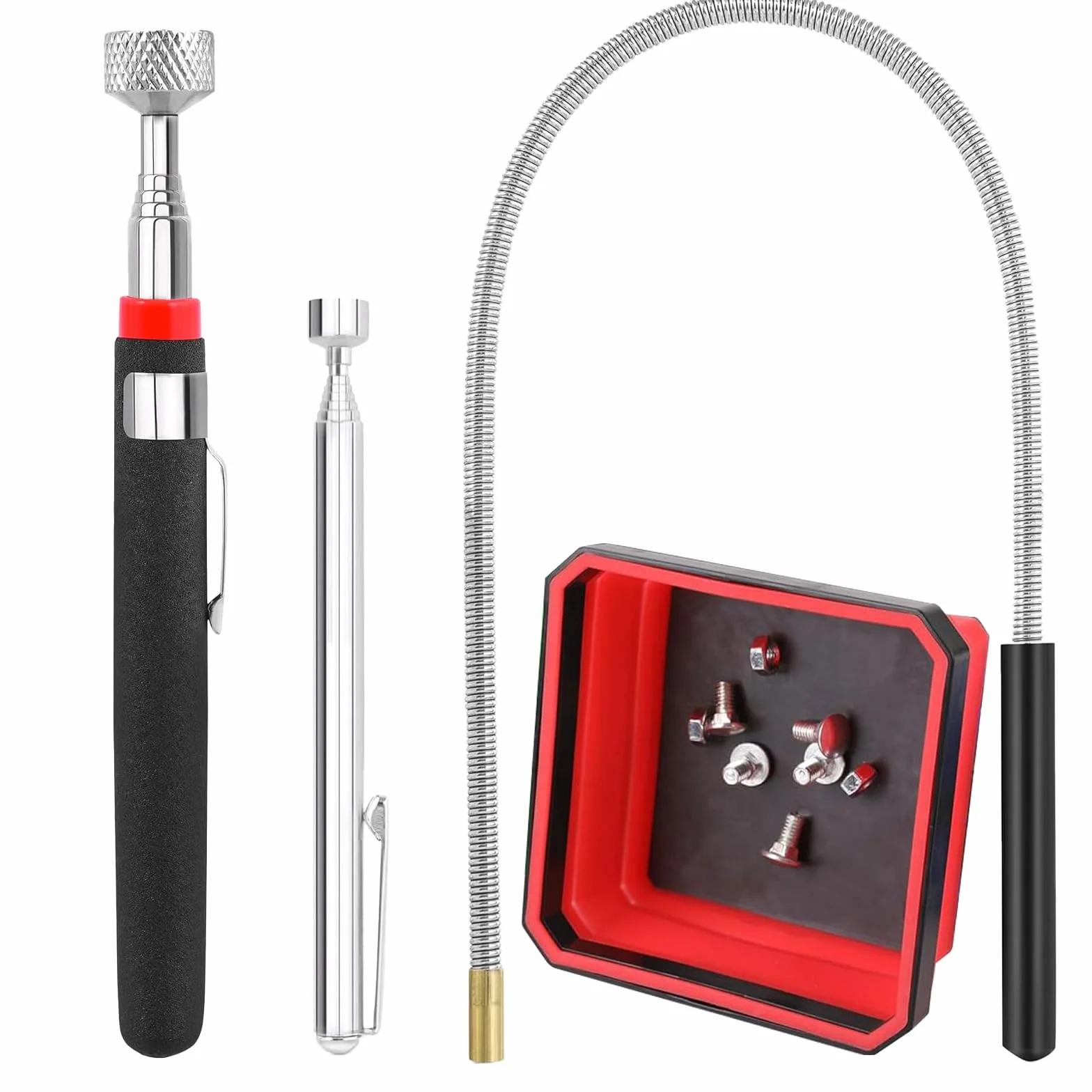4 PCS Herramienta Magnética Extensible de Recogida con Bandeja Magnética Varilla Magnética Telescópica Flexible, Elevador Magnético Pinza de Varilla para Recoger Piezas Automóvil Objetos Metálico