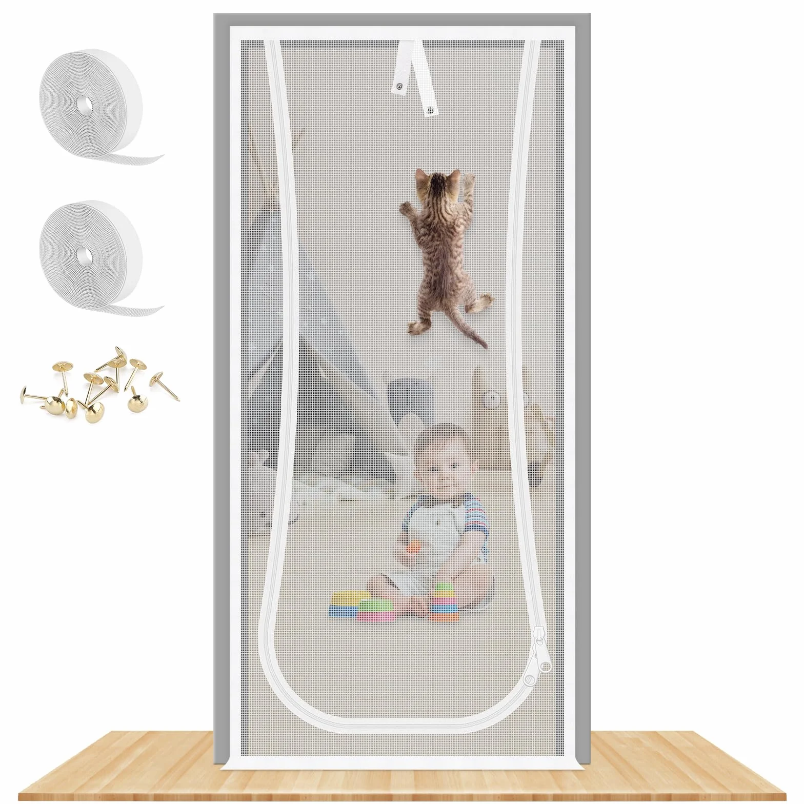Puerta Mosquitera para Gatos, 81X208cm Puerta de Pantalla de Gato con Cremallera Bilateral, Evita Que los Perros Gatos salgan Corriendo de la casa, Dormitorio, Sala de Estar, Cocina Puerta del Patio