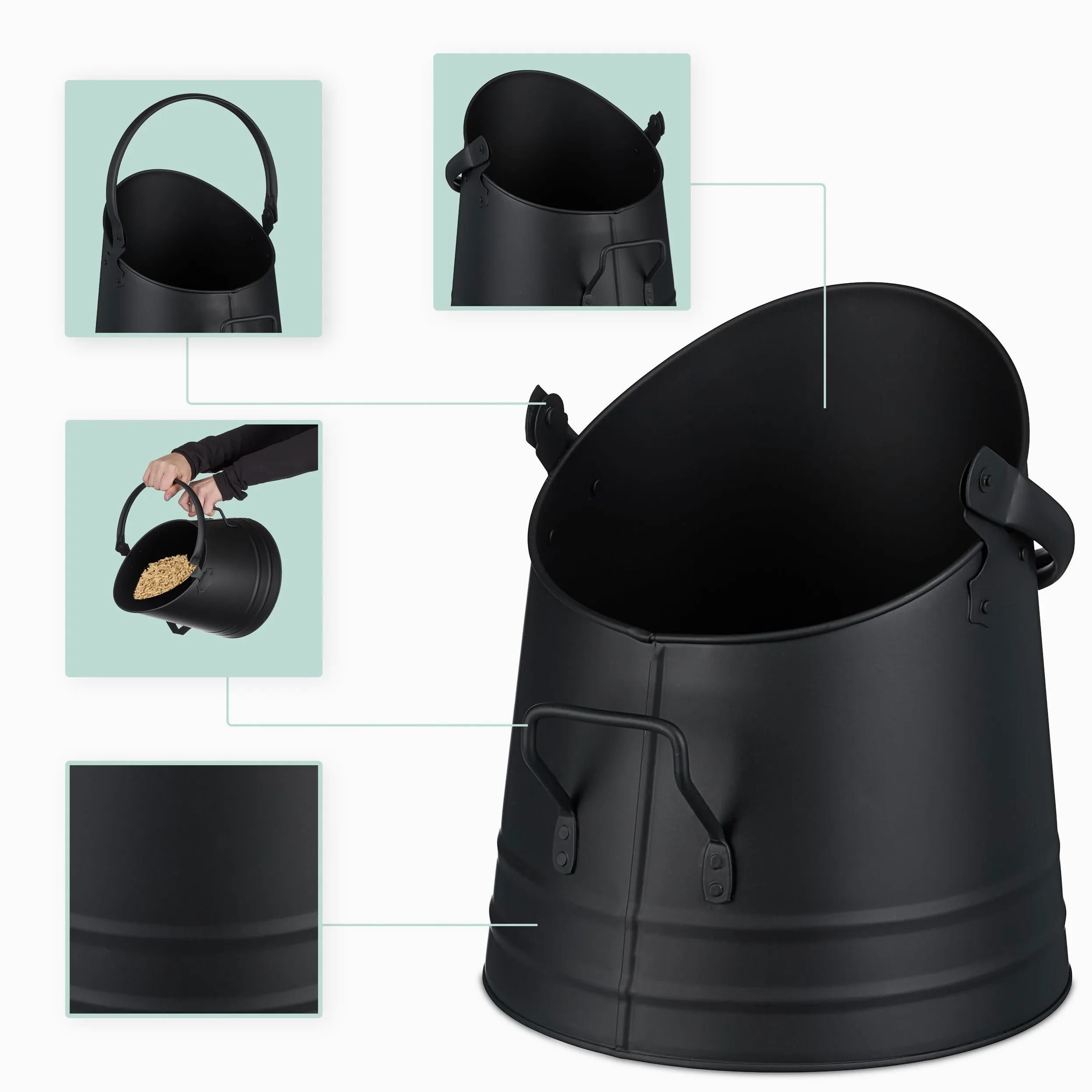 Relaxdays Cubo Cenizas, Pala, Asa y Agarre, 6,5 L, Pellets, Briquetas, Accesorios Chimenea, Recipiente Carbón, Negro