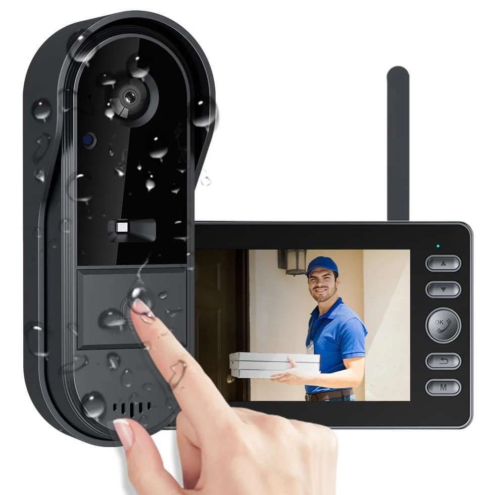 Timbre con Camara Exterior 1080P Videoportero Inalambrico con Pantalla IPS de 4,3 Pulgadas de Video, Audio Bidireccional, Visión Nocturna, 170° Gran Angular, Conexión Bluetooth, No Requiere WiFi