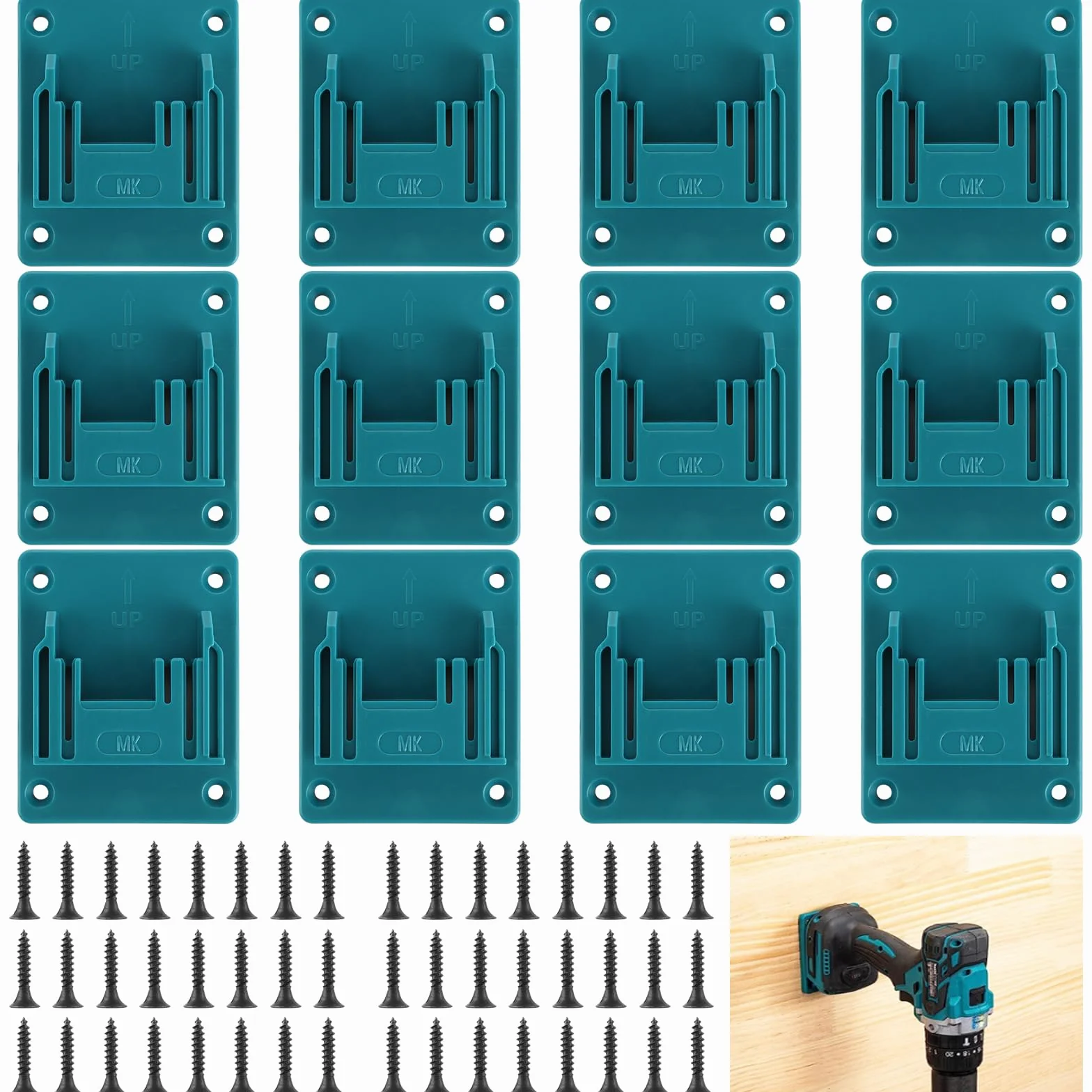 APACALI 12 soportes de pared para herramientas Makita de 18 V, taladro, portabaterías, con 48 tornillos, soporte para máquinas, taller, color azul, 14,4-18 V