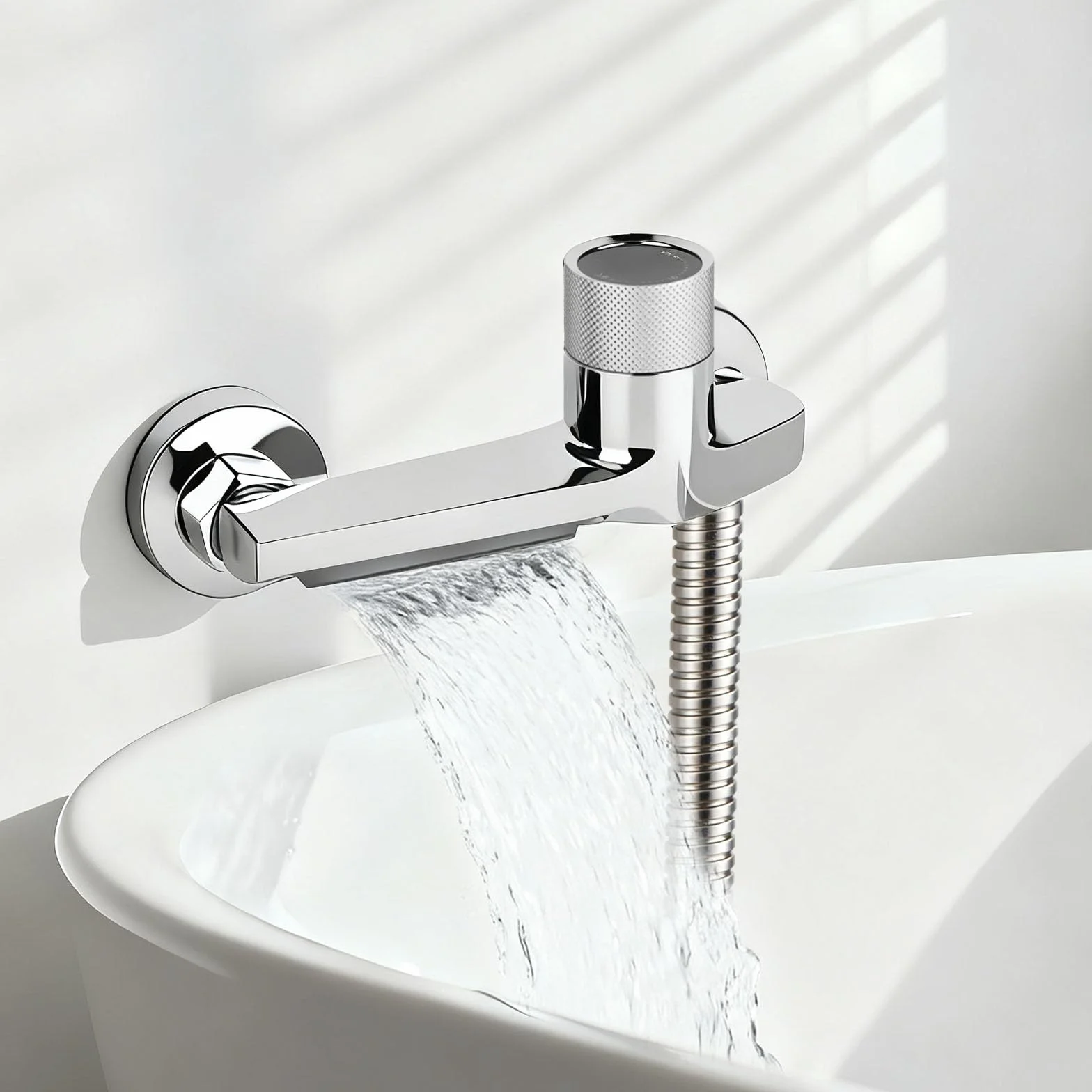 Grifo de bañera con termostato con 2 salidas, grifo de ducha con botón de seguridad, grifo mezclador para bañera y ducha, montaje en pared, cromado