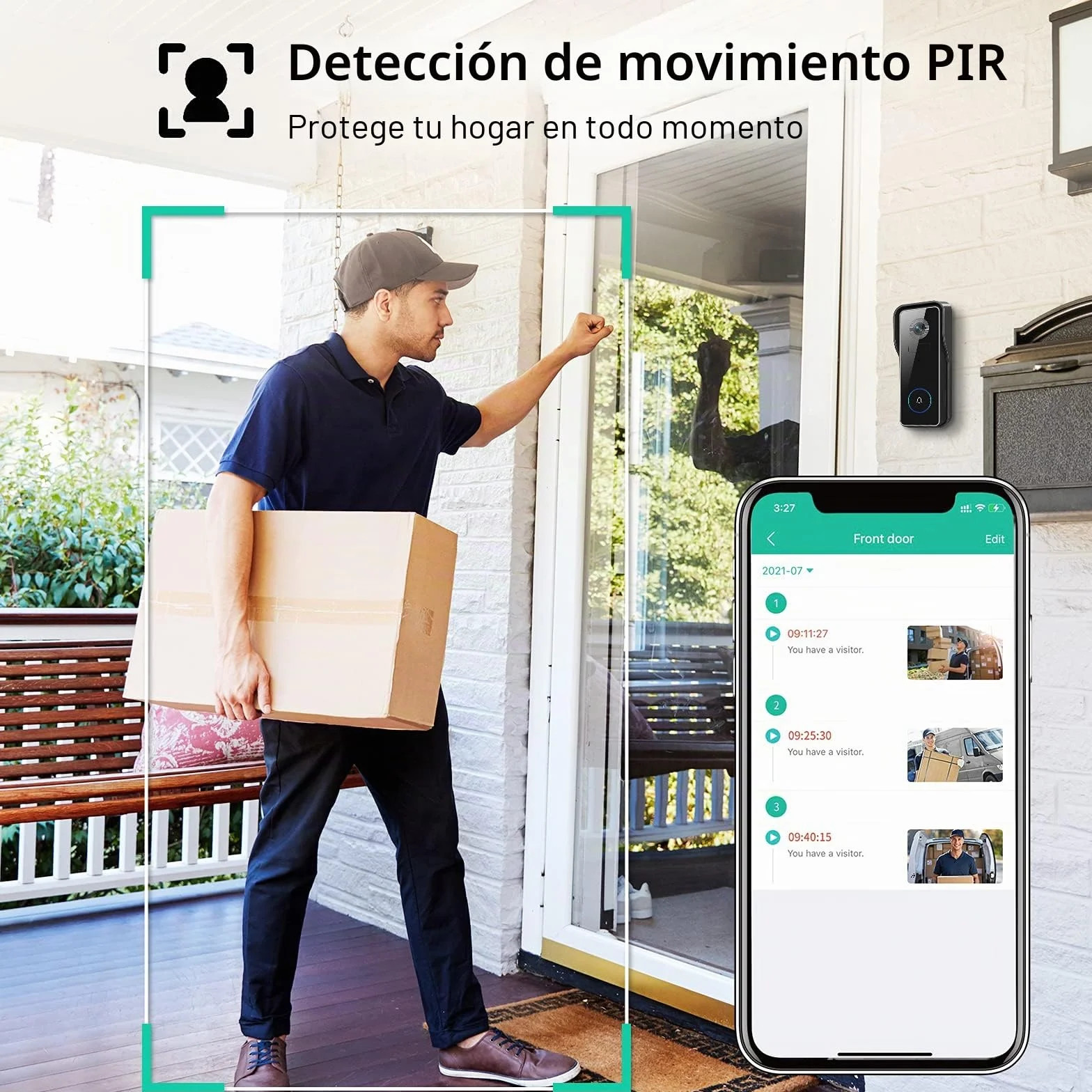 XTU Timbre Inalámbrico con Cámara WiFi, 2K HD Vídeo Timbre Puerta Inteligente con Cámara,Detección Humana PIR,Visión Nocturna,Audio Bidireccional,SD y Almacenamiento en la Nube, IP66 Impermeable