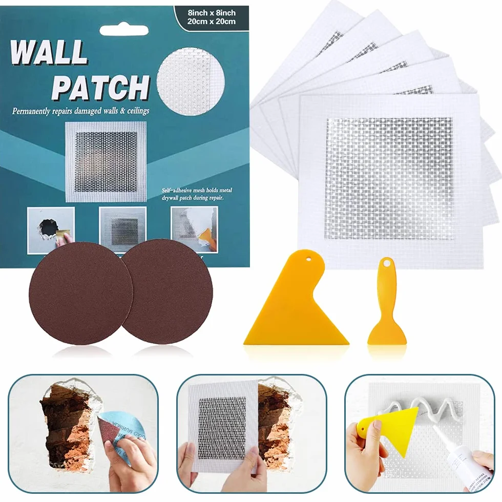 Parche de reparación de paneles de yeso de 20.3 cm por 20.3 cm, kit de reparación de parches de pared, adhesivo de malla de pared, parche de chapa de aluminio para techo seco (8 pulgadas, 5 piezas)