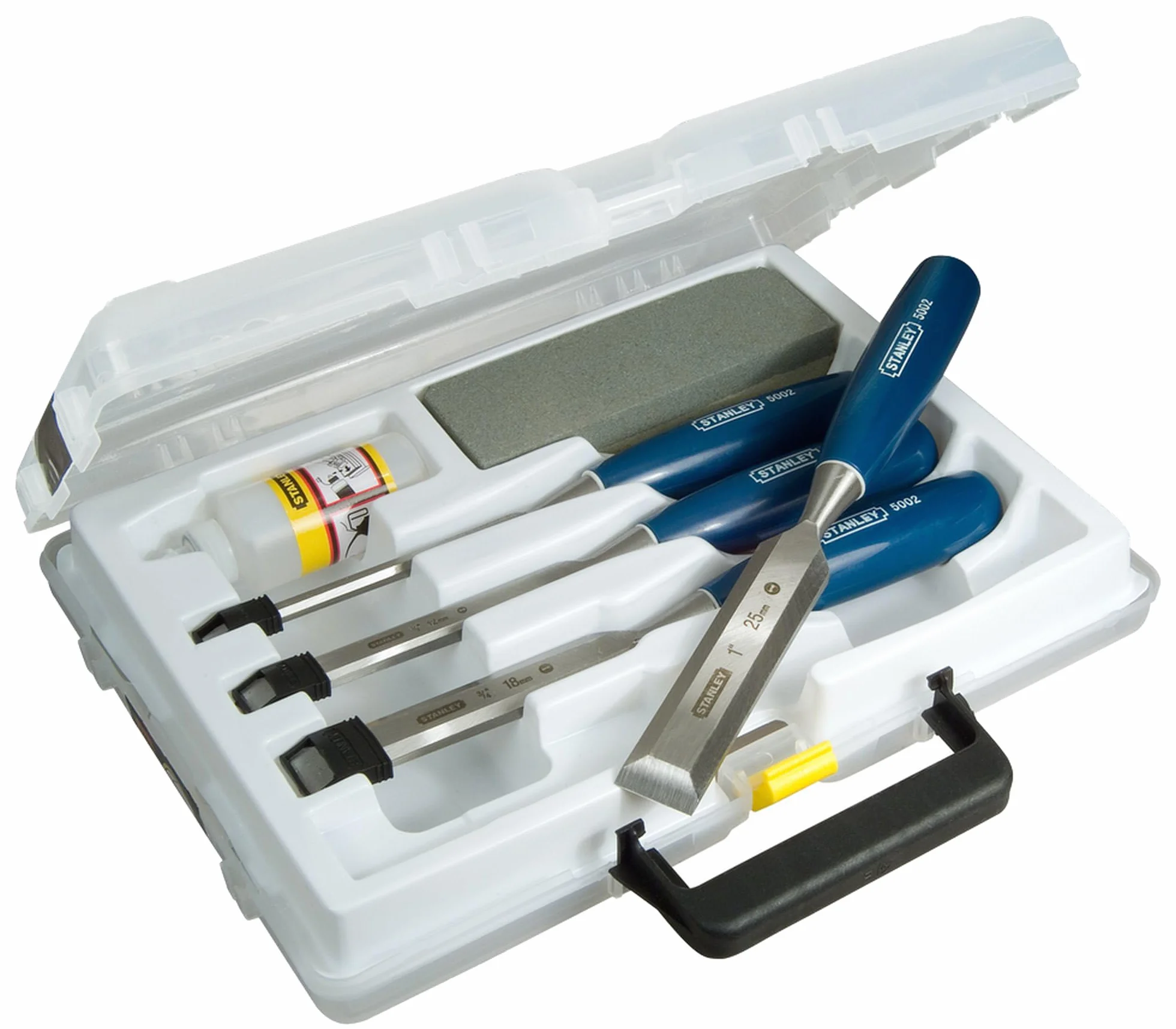 STANLEY 0-16-130 Cincel para Madera ABS, Mango de Polipropileno, Protección de la Hoja, Hoja de Acero Forjado, Maletín de Transporte, Juego de 4 Piezas 6, 12, 18 y 25 mm, Formón