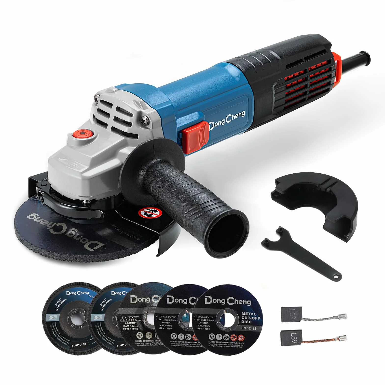 DongCheng amoladora angular de 1100W, 125 mm, velocidad en vacío 11.800 min⁻¹, cubierta de liberación rápida, mango auxiliar, con 2 discos de lijar, 2 de aletas y 2 de corte