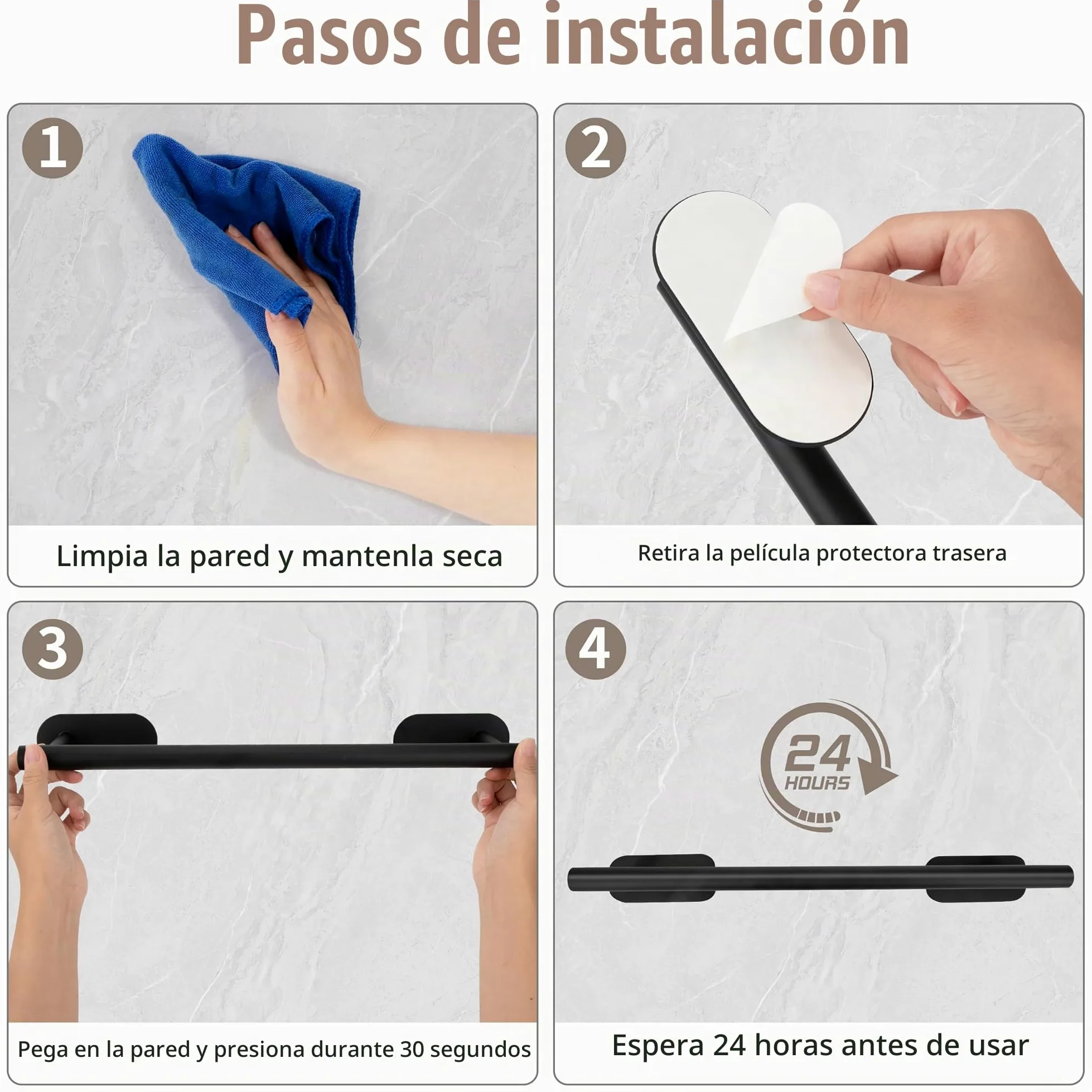 Toalleros de Baño Sin Taladro 8PCS Juego de Herrajes de Baño de Acero Inoxidable Gancho para Toallas Portarrollos para Papel para Baño y Cocina (Negro)