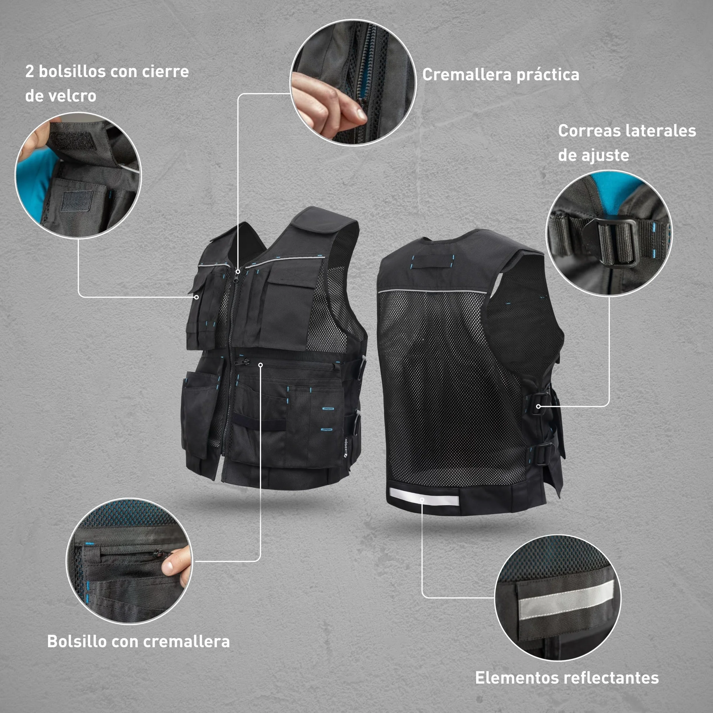 Högert Technik - Helwig - Chaleco de trabajo para hombre, color negro liso, tejido 100% poliéster Oxford 600D, chaleco de trabajo, chaleco de trabajo para hombre con muchos bolsillos, chaleco de
