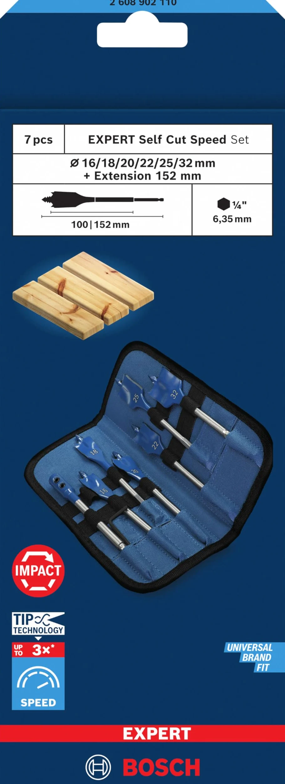 Bosch 7x Set de brocas fresadoras planas EXPERT Self Cut Speed (para Madera blanda, Aglomerado, Ø 16,0, 18,0, 20,0, 22,0, 25,0, 32,0 mm, Professional Accesorios Taladro)