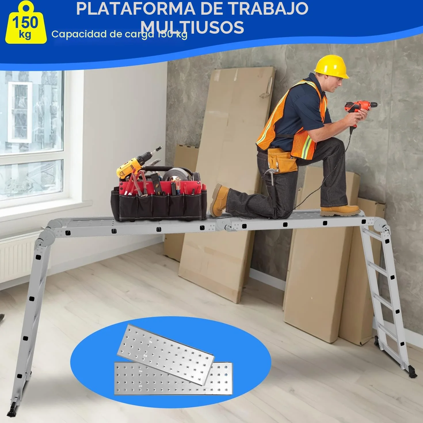 Escalera Multifunción de Aluminio 7 en 1 - 5,82 m, 4 x 5 Peldaños, 2 Placas de Andamios, 2 Ruedas - Plegable, de Trabajo, Doméstica - Hasta 150 kg