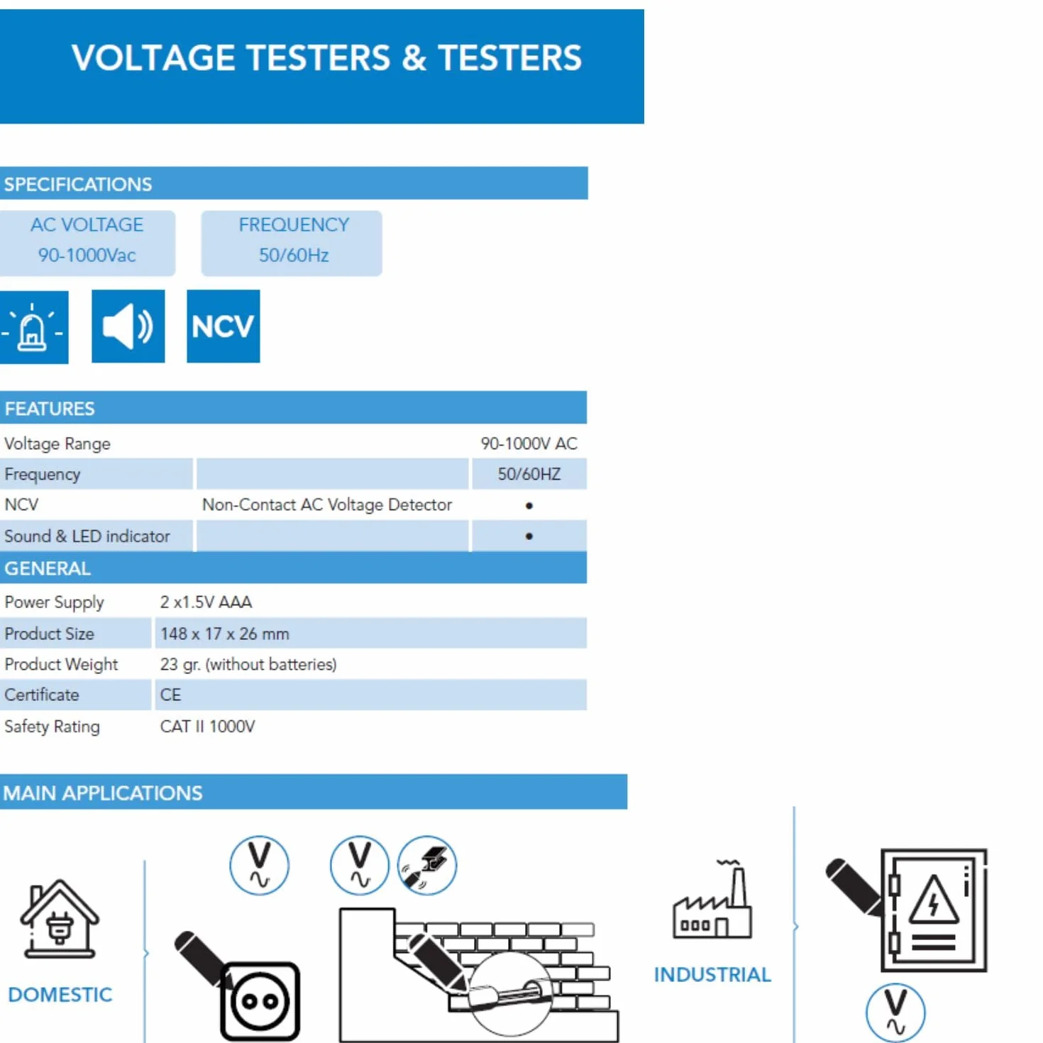C-LOGIC 25 Detector de Voltaje Sin Contacto NCV Comprobador de Tensión LED Rojo 90V-1000V AC Indicador Acústico Visual CAT II 1000V