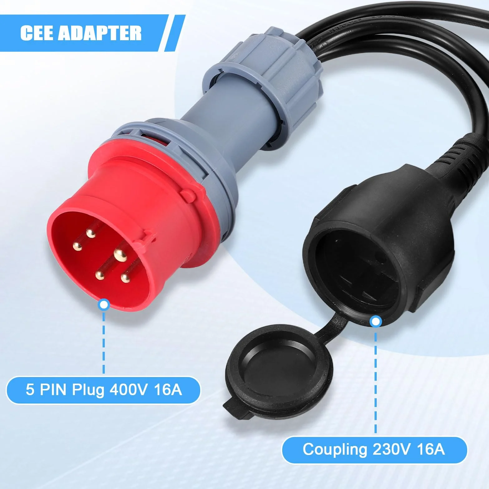 Adaptador CEE, Enchufe de 400V 16A a 3 X 230V Conector Schuko, Adaptador CEE con Tapa Abatible y Enchufe con Contacto de Seguridad, Cable Enchufe IP44 para Camping Caravanas, Industria y Exteriores