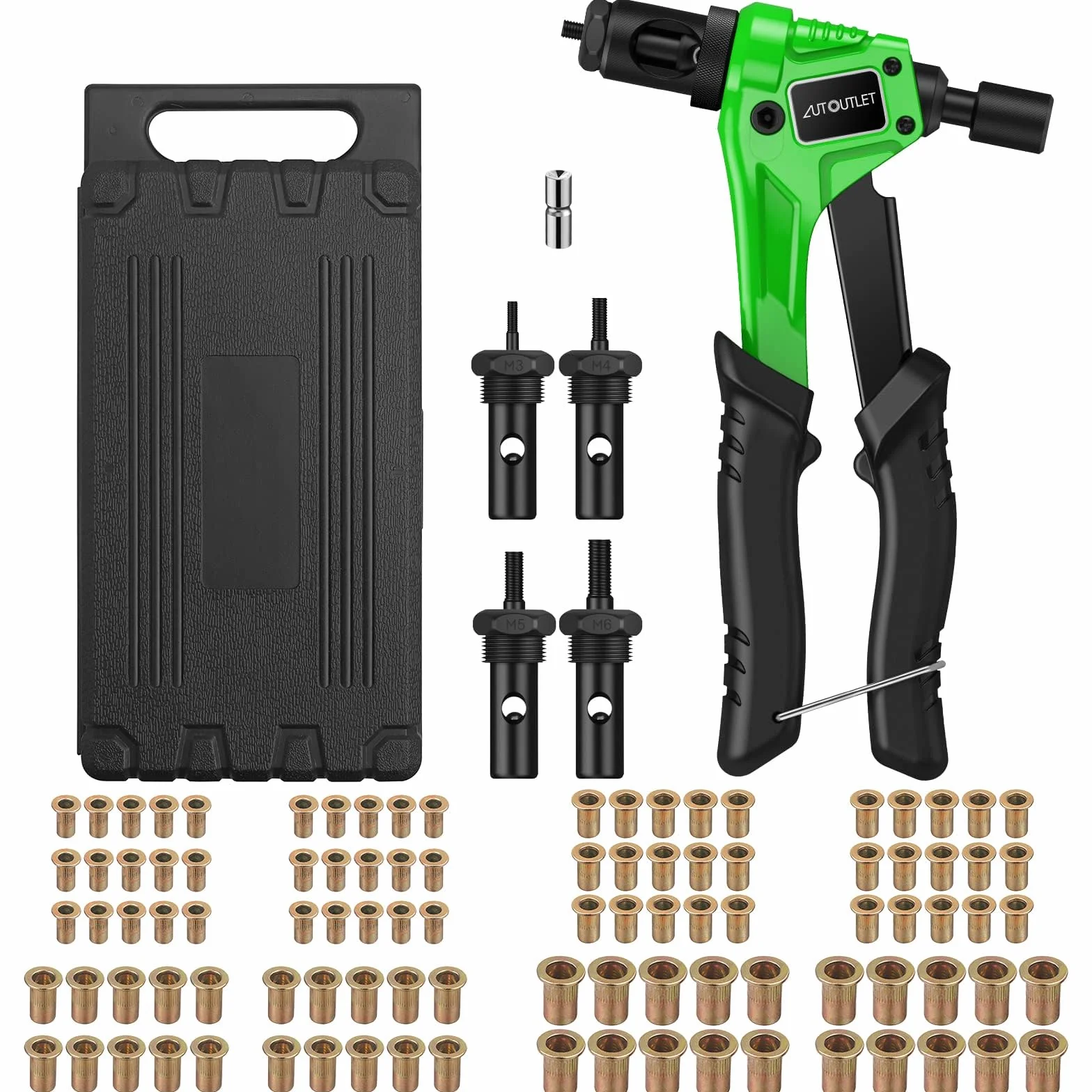 AUTOUTLET Remachadora de Tuercas, 8" Remachadora Manual, con 100PCS Tuercas de Remache, 4 Mandriles Intercambiables M3 M4 M5 M6, Llave Incorporada, Remachadora de Tuerca Profesional - Verde