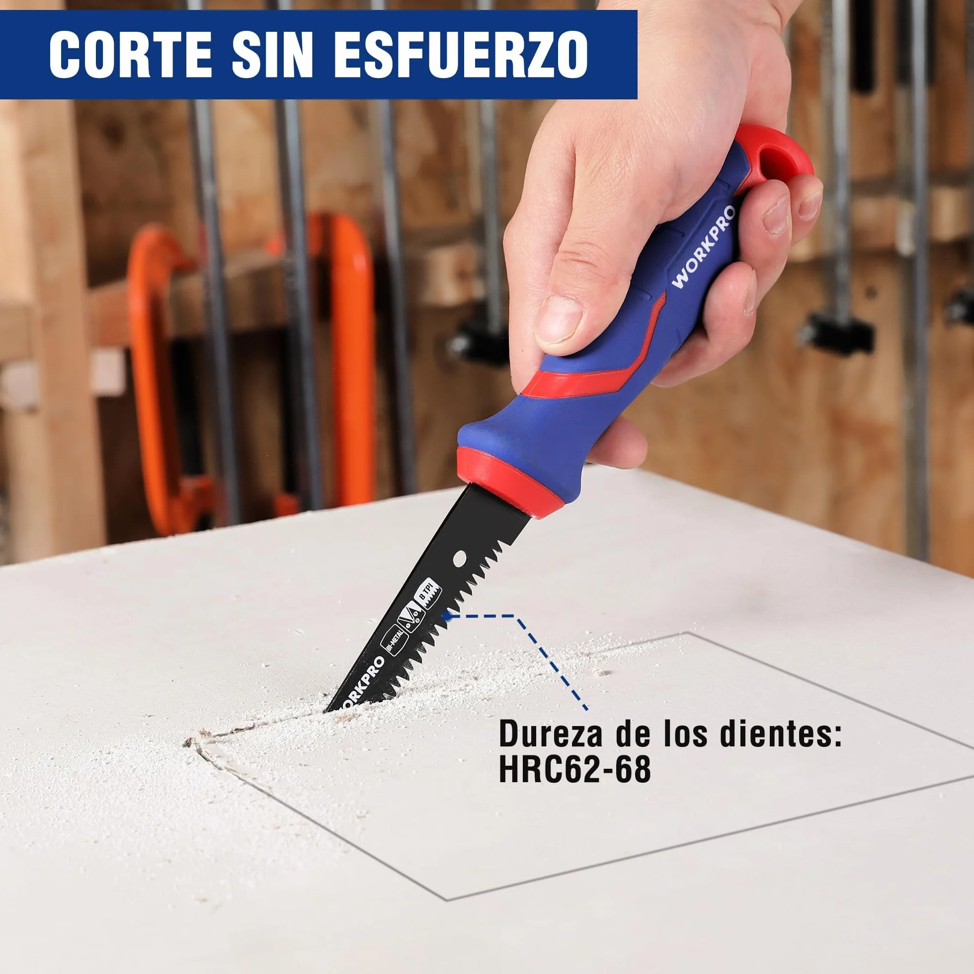 WORKPRO Sierra Bimetálica 310mm, Hoja D6A+M2 de 8 TPI, Agujero de Colgar, Ideal para Cortar Yeso, Madera y PVC, Paneles Finos