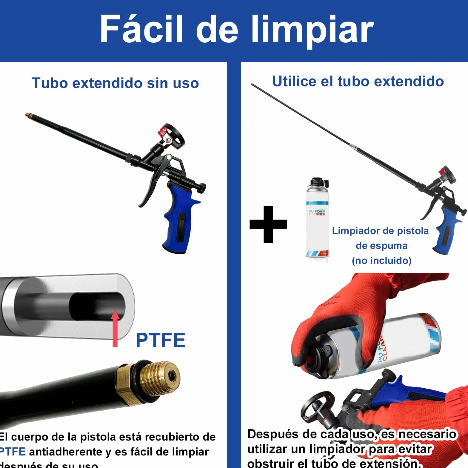 Pistola de espuma desmontable de 24 pulgadas, pistola de espuma expandible profesional, pistola de espuma dispensadora adecuada para calafatear, llenar, sellar (azul)